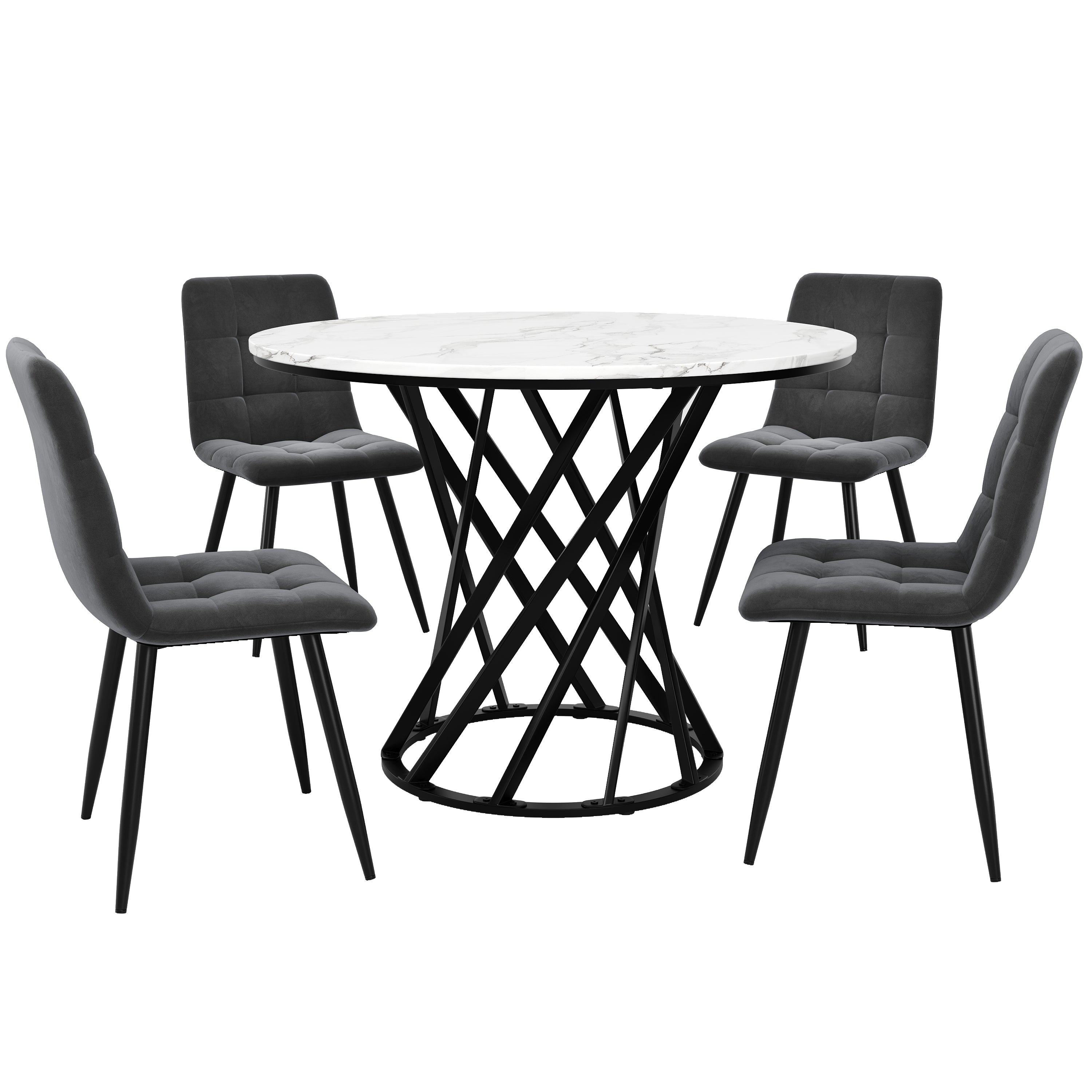 Dining Table Set, 5-Piece Round with 4 Chairs, Black Metal & White MDF, Velvet