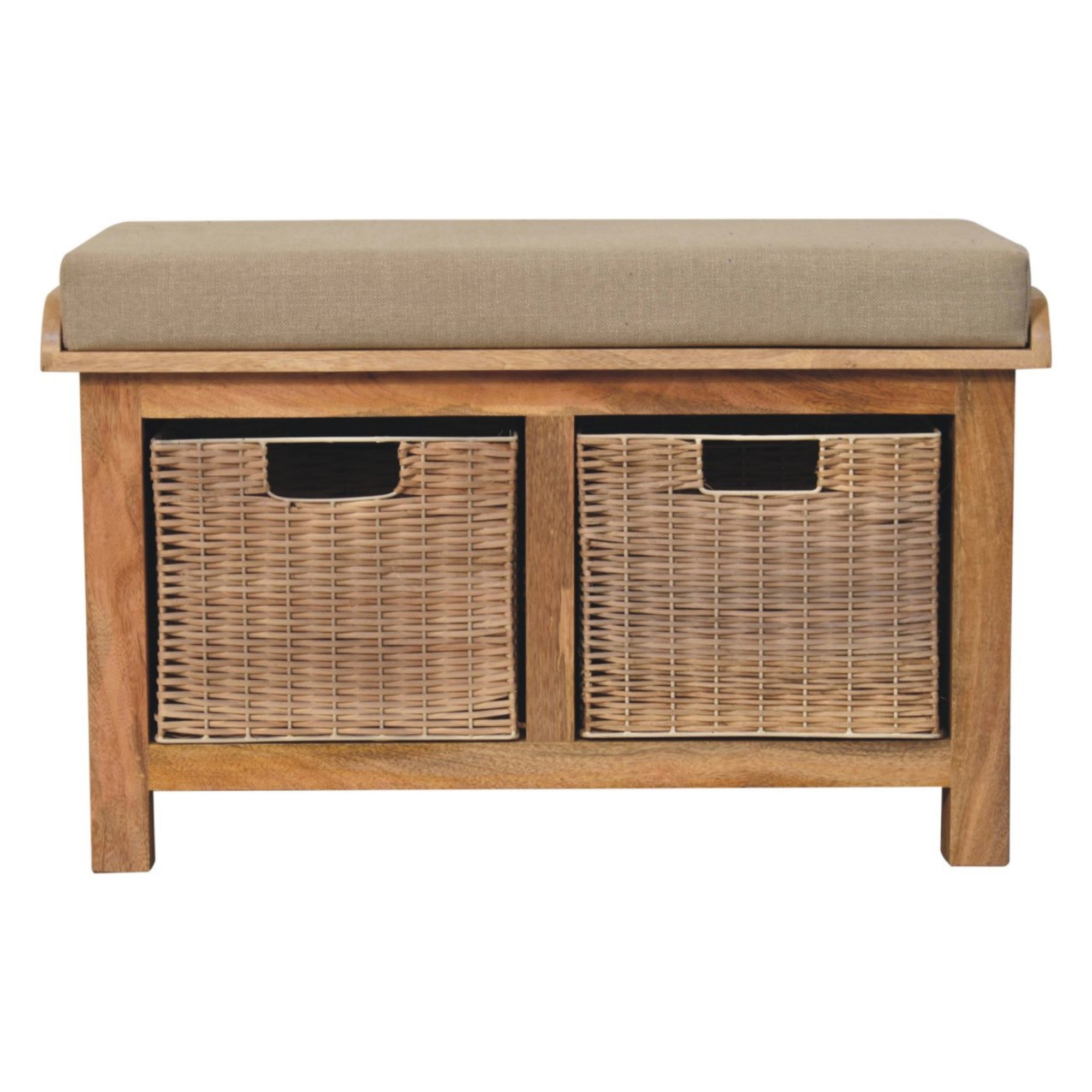 Solid Wood Rattan Basket Bench with 2 Pull-out Storage Baskets, Light Brown