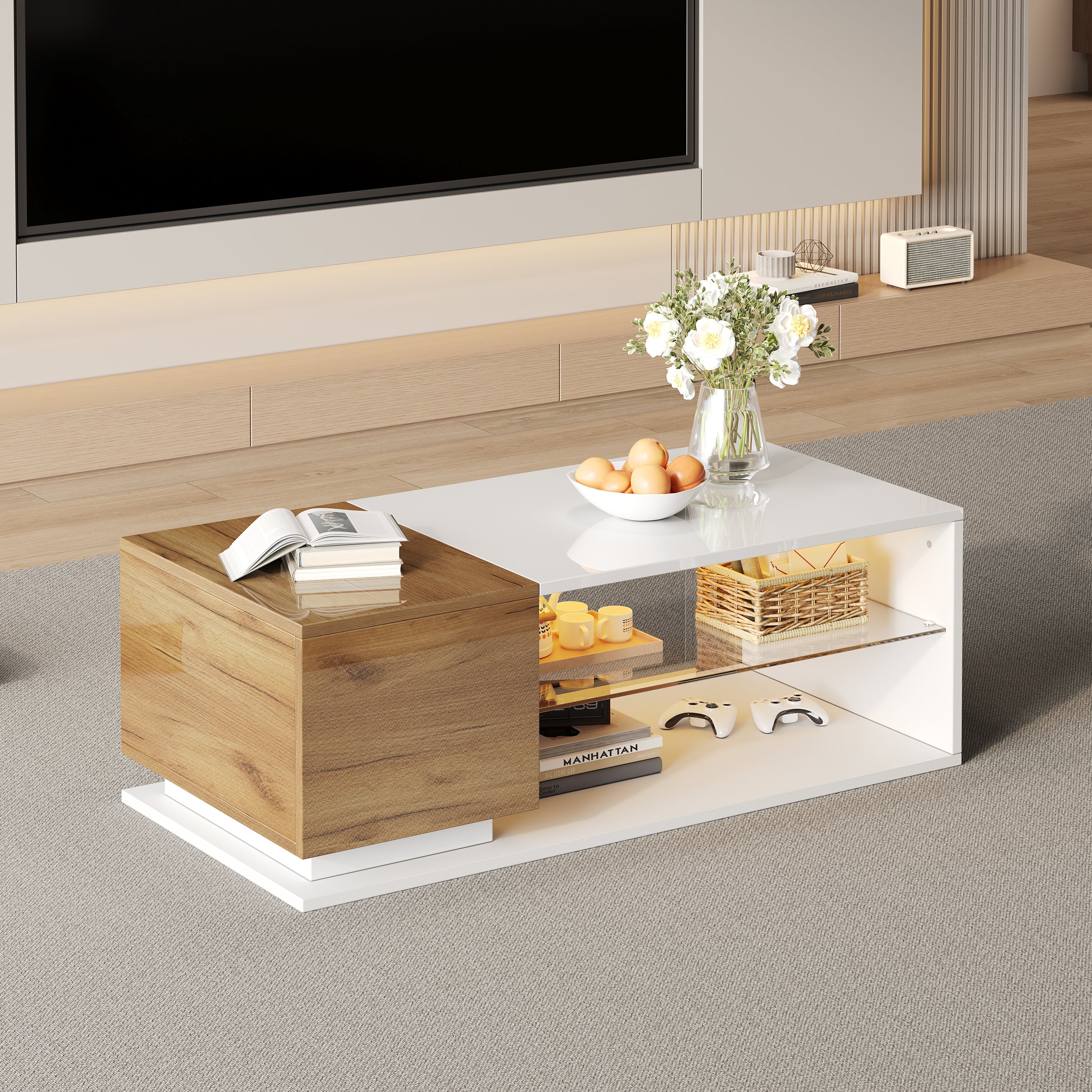 Coffee Table with Open Storage, Glass Shelves and LED, High Gloss White + Wood, MDF + Glass