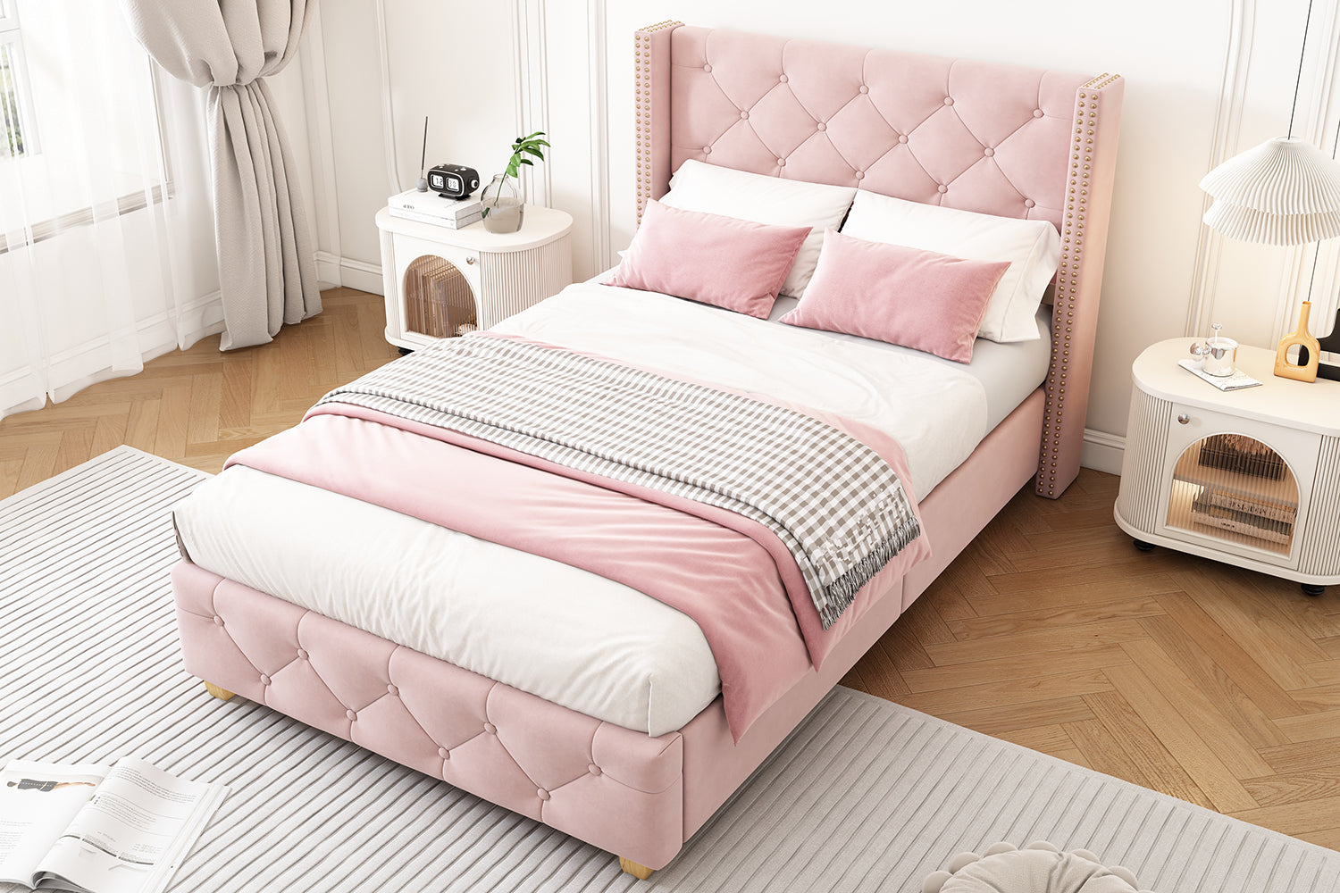 Upholstered Bed, Single Bed-3ft(90*190cm) with Slatted Frame and Headboard, Button Upholstery, Rivet Upholstery, Wooden Legs, Velvet, Pink
