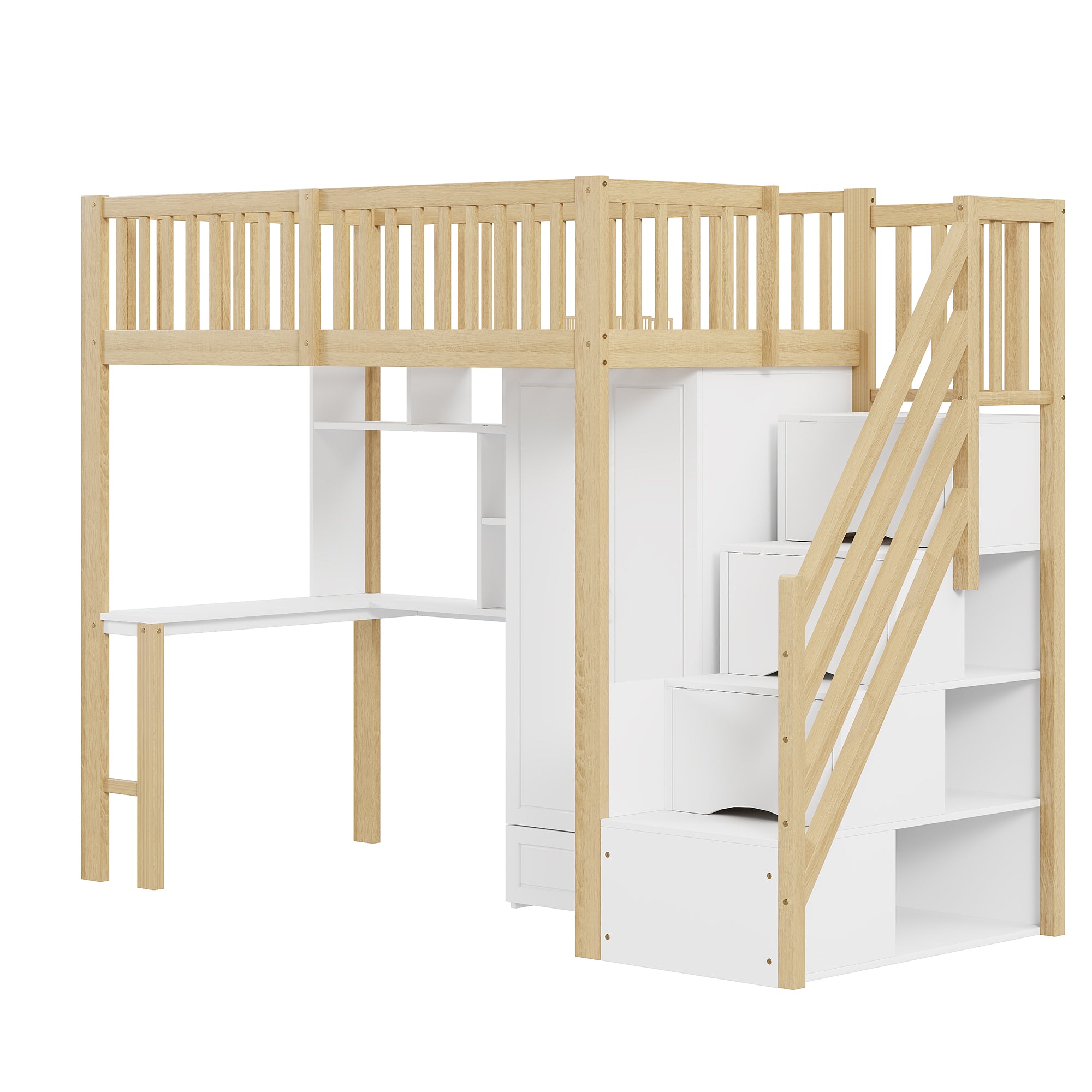 Loft Bed, 90x200 Wardrobe, Shelf, Table, Storage Stairs, Wooden