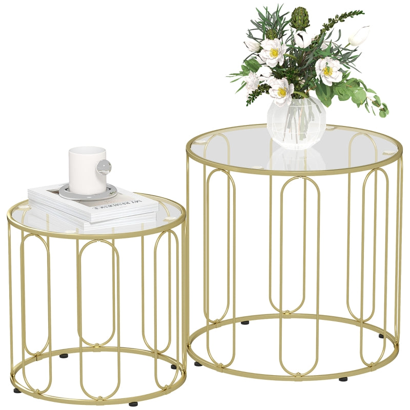 Elliptical Cut-Out Nesting Tables, Set of 2 Glass Top, Gold Metal