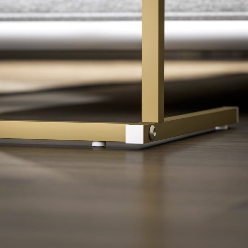 C-Shaped Bedside Table with Charging Station, Power Outlets, USB Ports & Storage, White Marble Grain