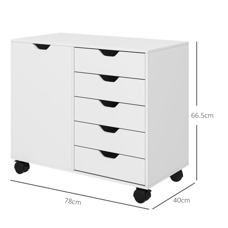 Multi-Storage Mobile Office Cabinet, 5-Drawer Cupboard Adjustable Shelf, White