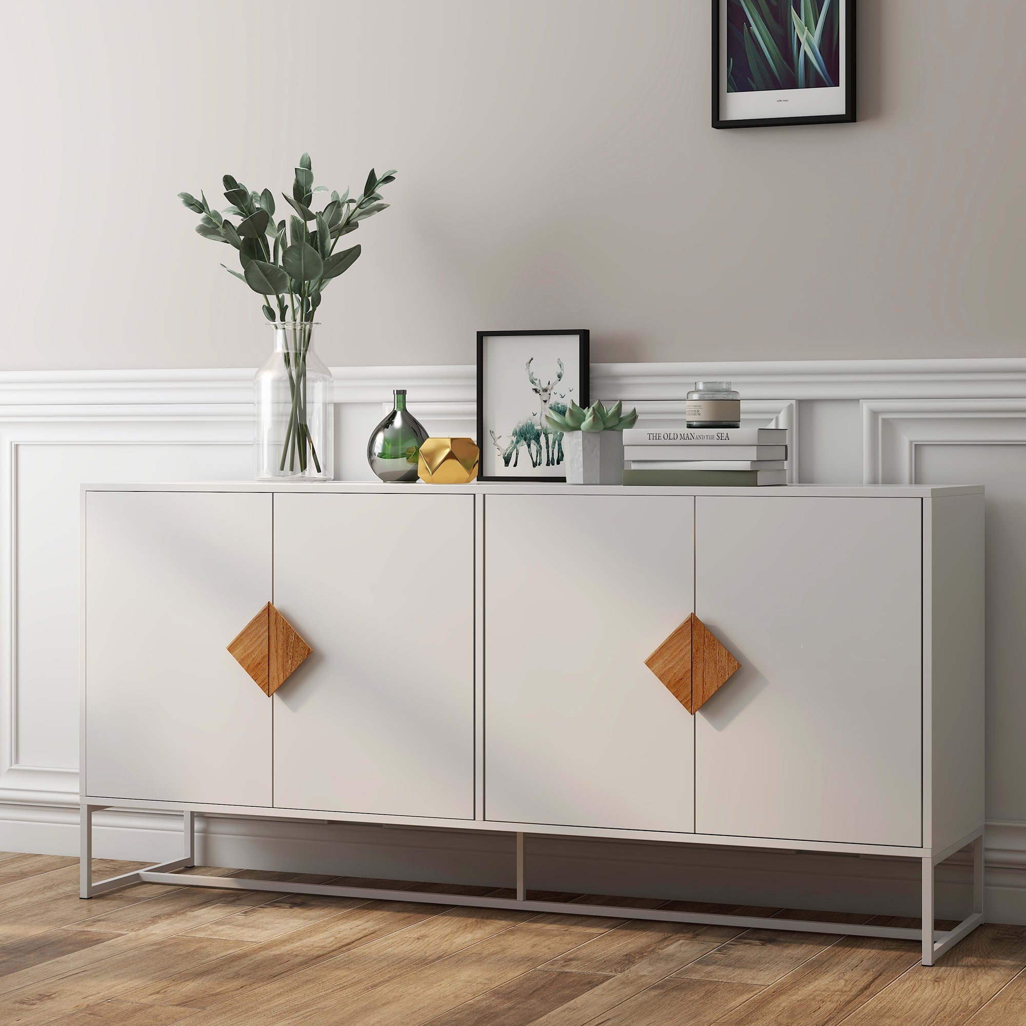 Sideboard, 4 Doors Double Storage Square Handle Design, Solid Wood