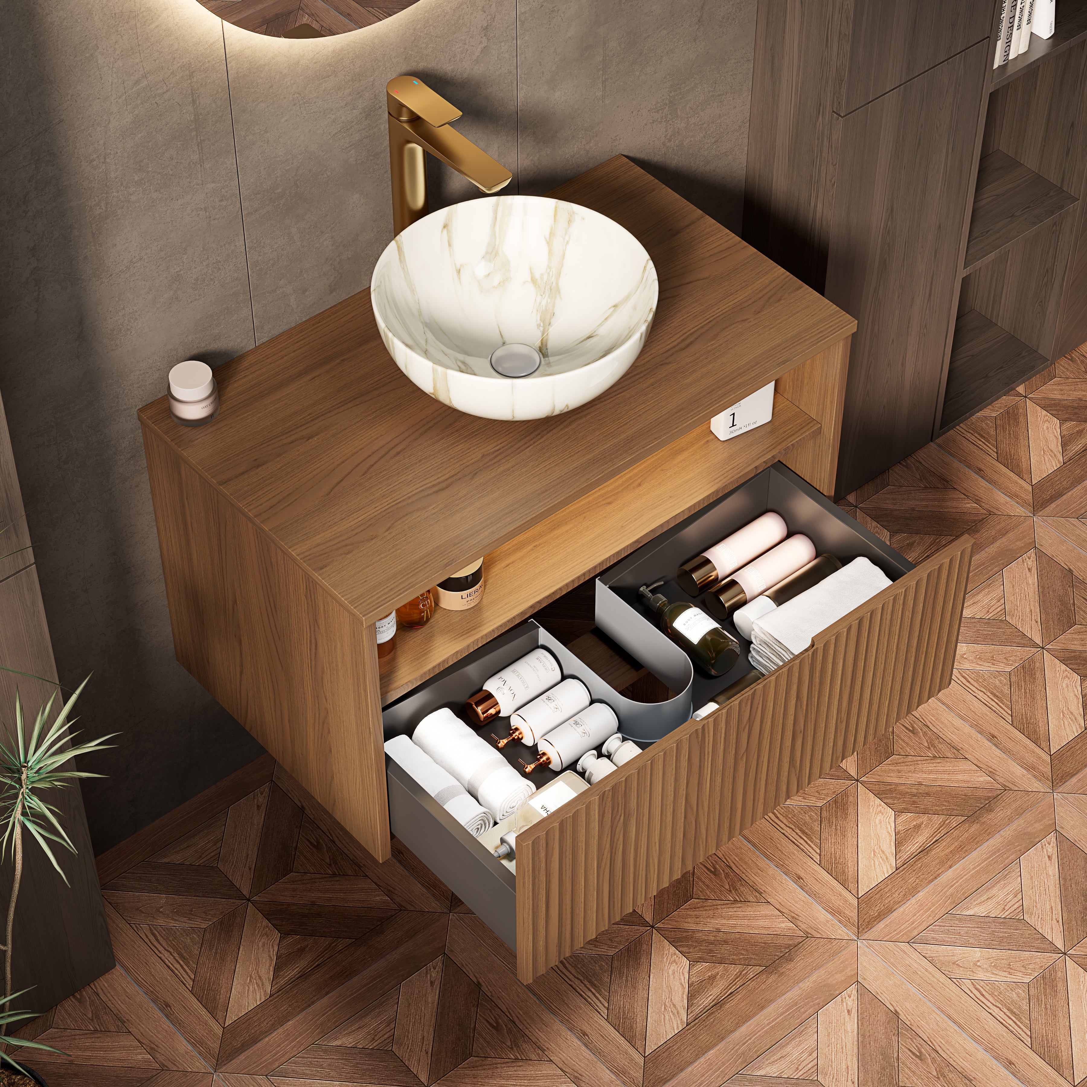 Floating Bathroom Sink with Ceramic Bowl and Sensor Light, Espresso Wood Grain