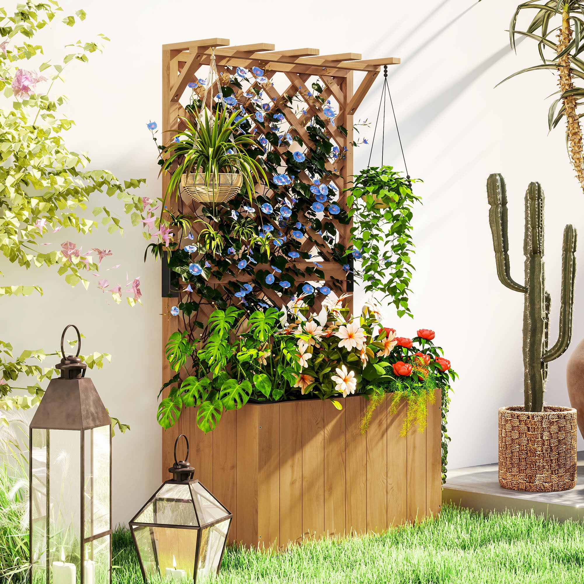 Wooden Planter with Trellis, Freestanding Raised Garden Bed & Drainage, Natural