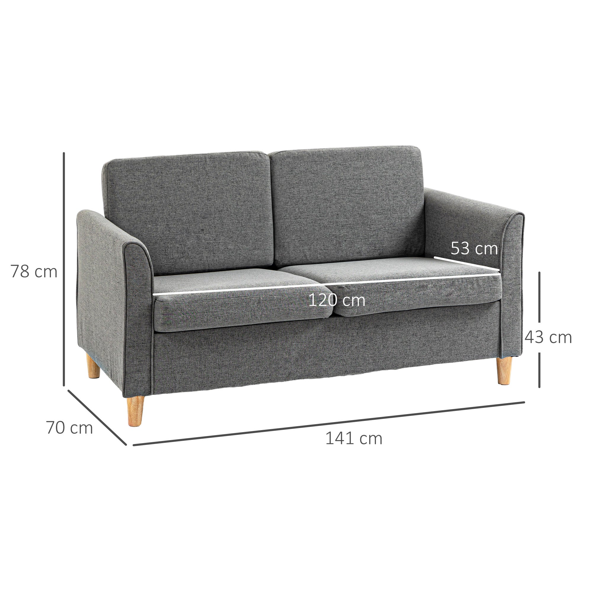 Compact Loveseat Sofa, 2 Seater with Wood Legs, Grey