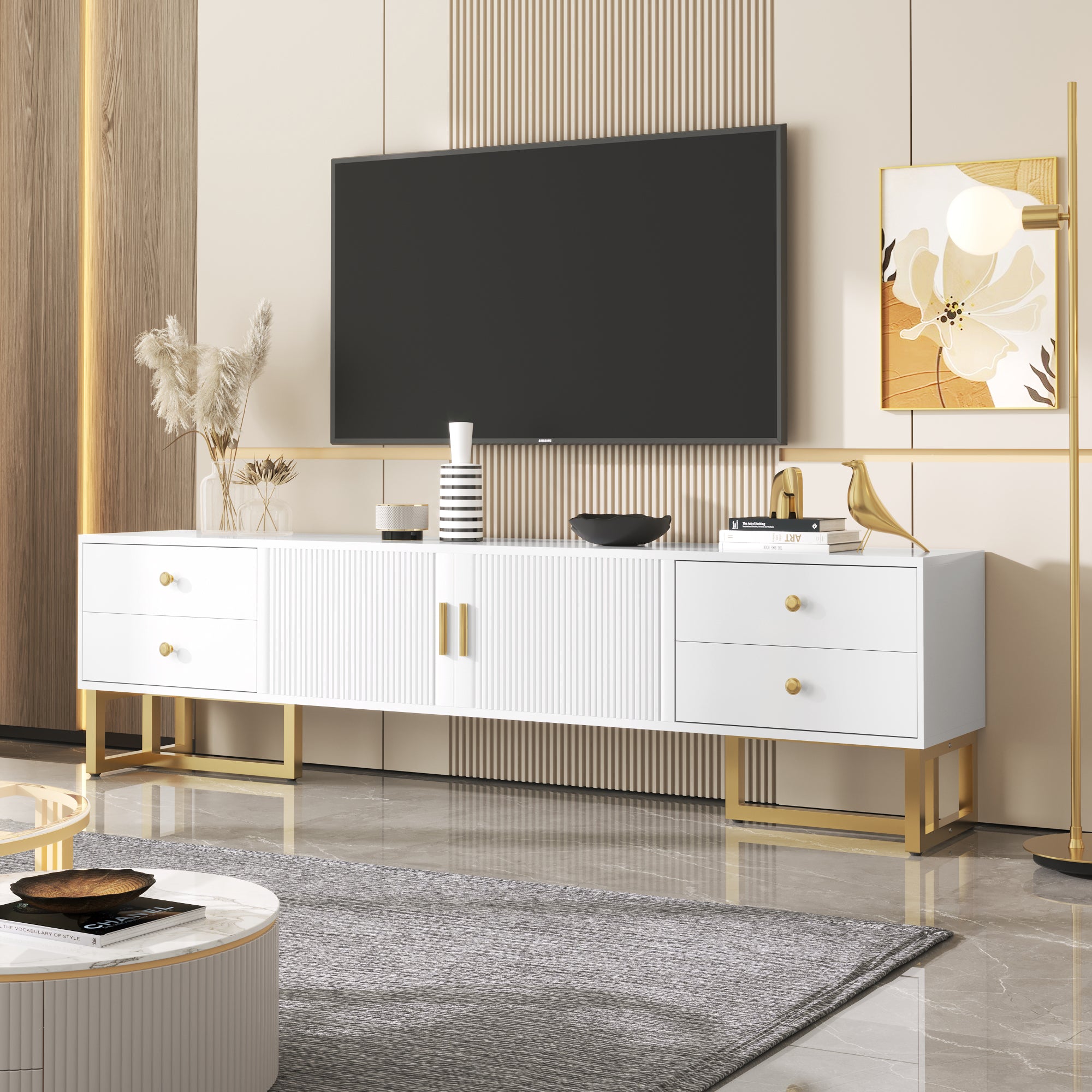 TV Cabinet, Low Panel with Textured Door & Drawers, Gold Handles & Feet