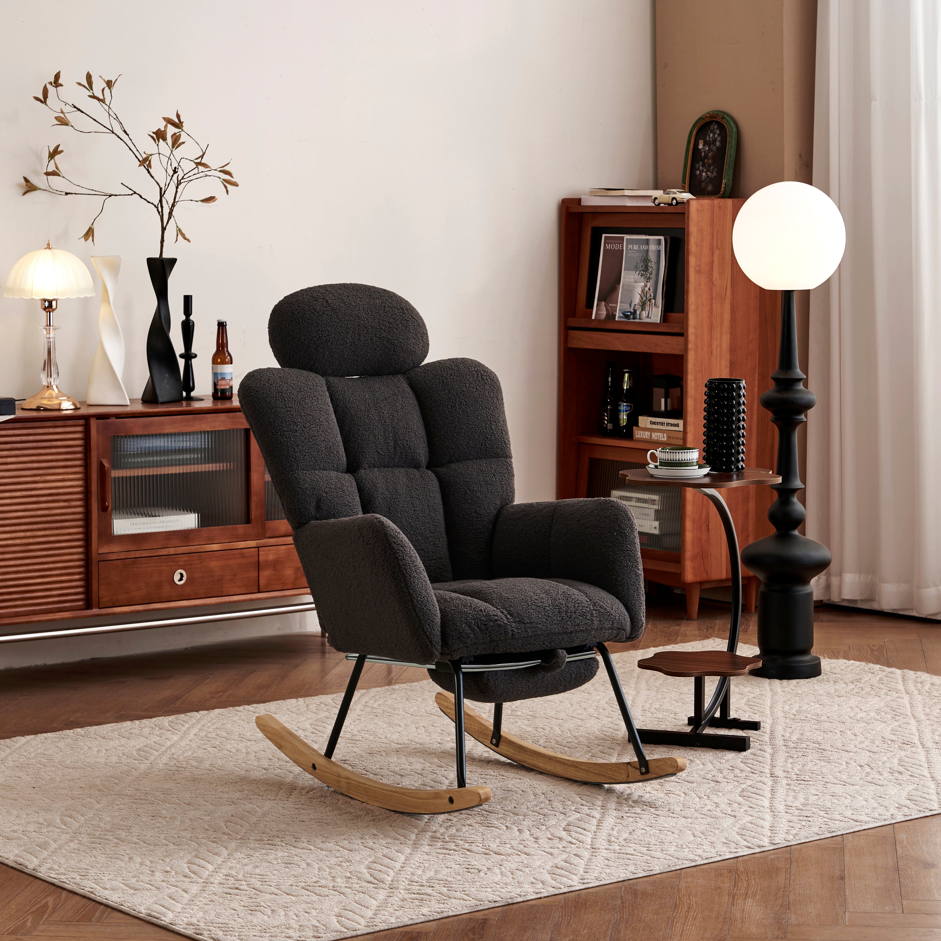 Teddy Rocking Chair Tufted Upholstered Padded Seat Headrest Foldable Footrest, Dark Grey