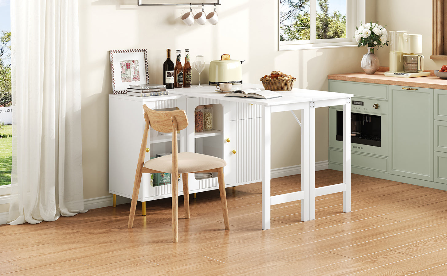 Buffet Sideboard Folding Extendable Top Rotating Glass Wave Doors - White