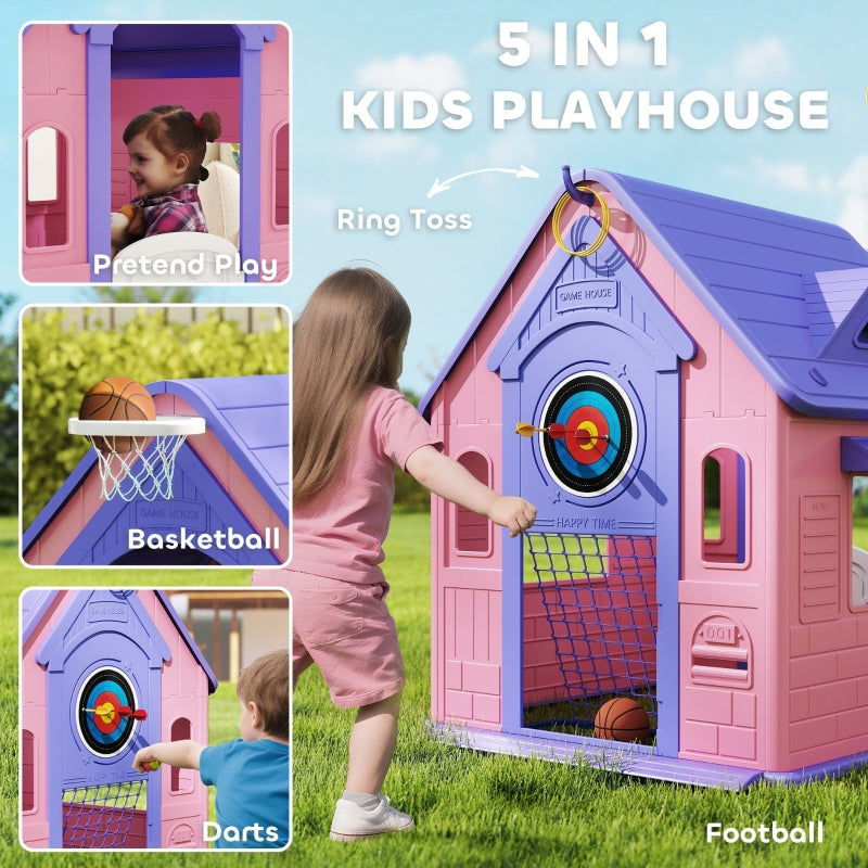 5-in-1 Playhouse Outdoor Indoor Basketball Football Dartboard Ring Toss Pink