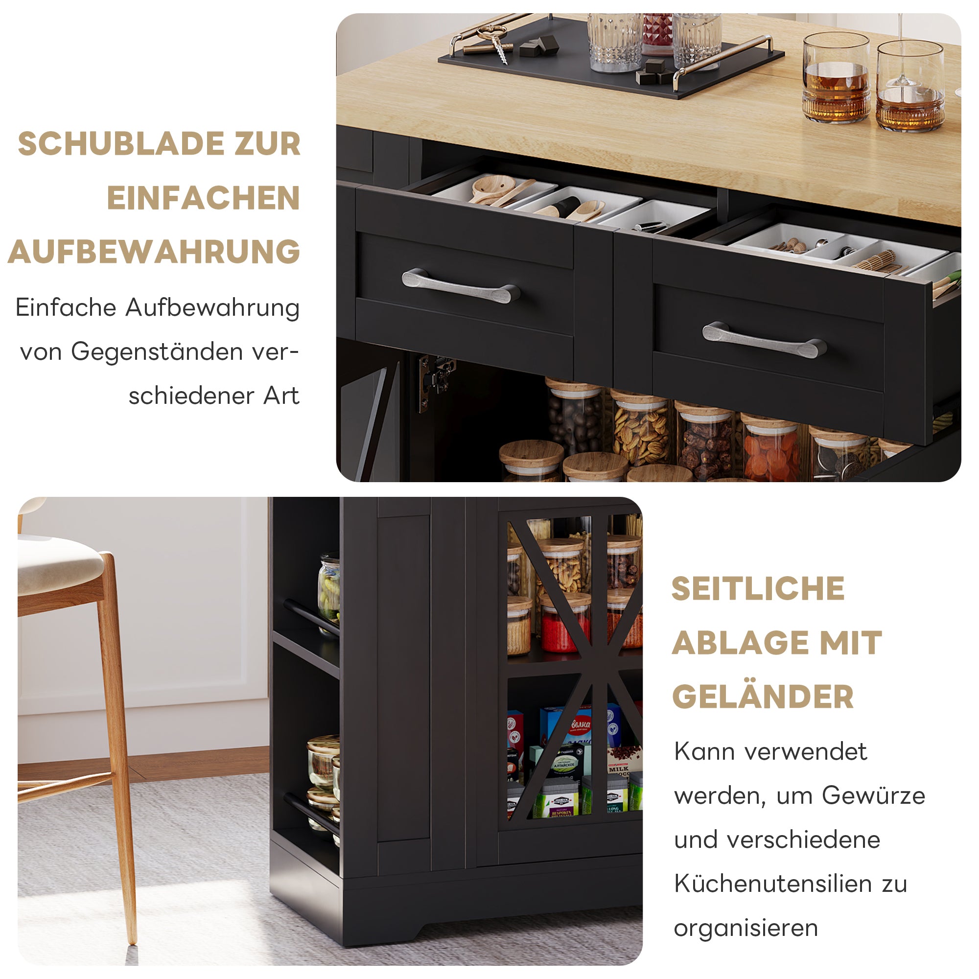 Portable Kitchen Island with Folding Dining Table, AC and USB Ports and Glass Door, Wood Effect