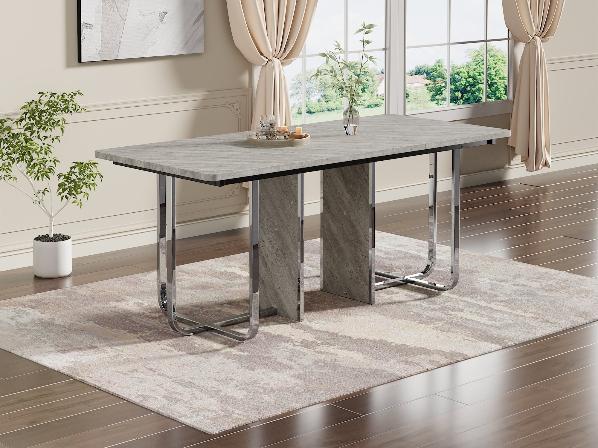 Dining Table 180x80cm Rectangular 6-Seater Metal Legs - Grey/Silver