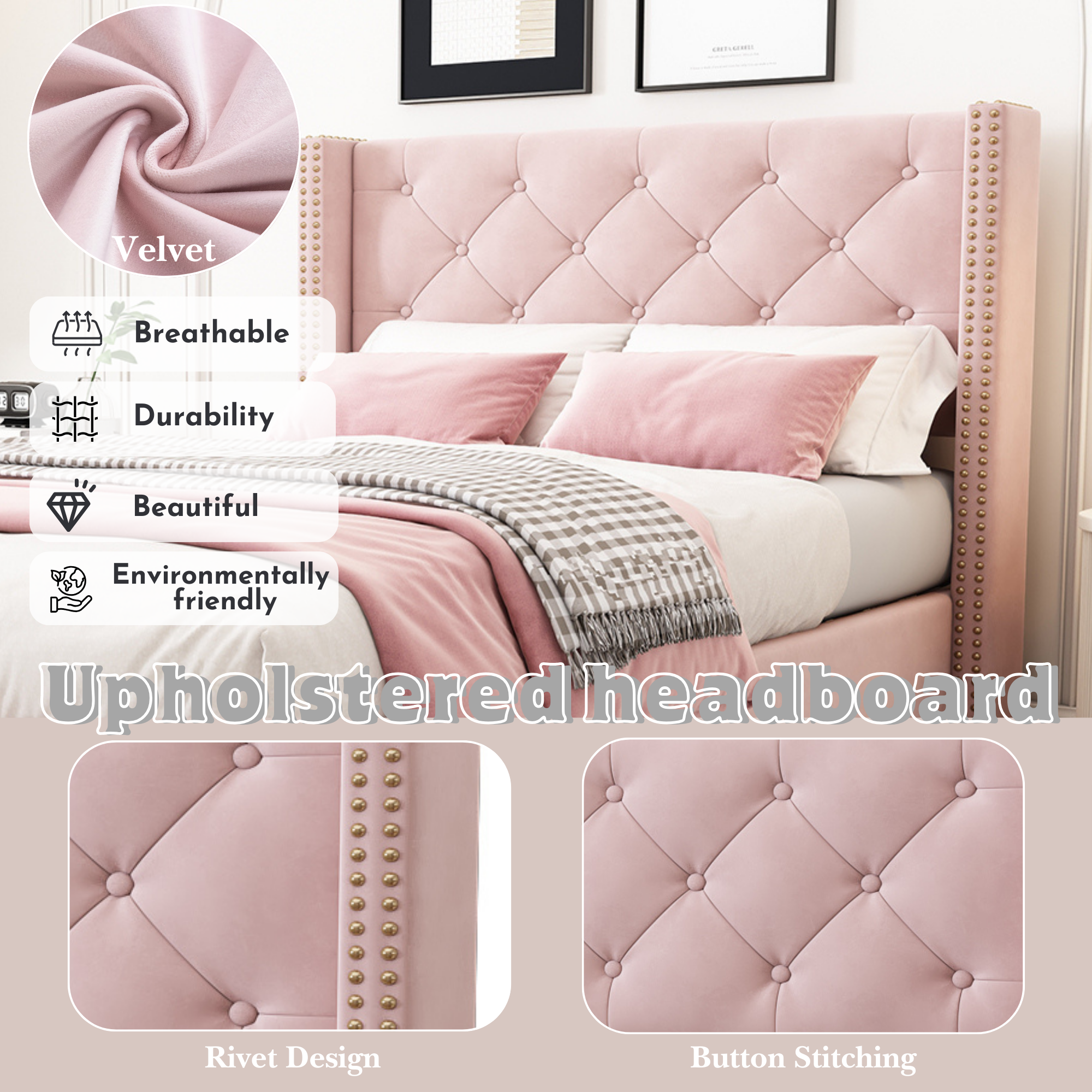 Upholstered Bed, Single Bed-3ft(90*190cm) with Slatted Frame and Headboard, Button Upholstery, Rivet Upholstery, Wooden Legs, Velvet, Pink