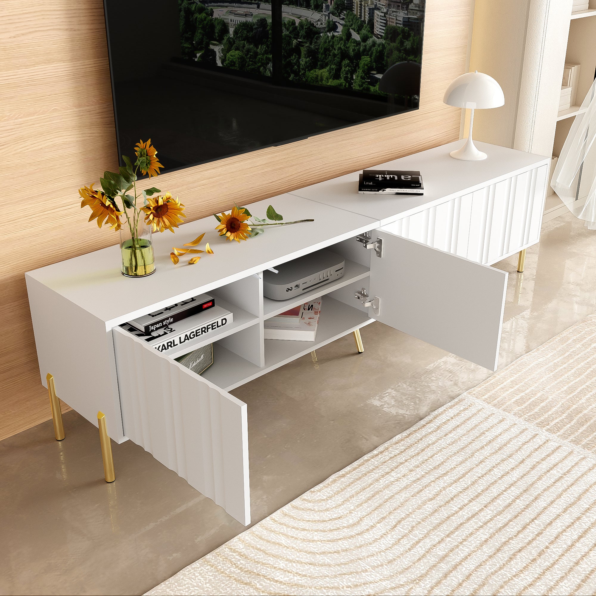TV Cabinet 190x38x48cm, Gold Legs, Grooved Doors, White