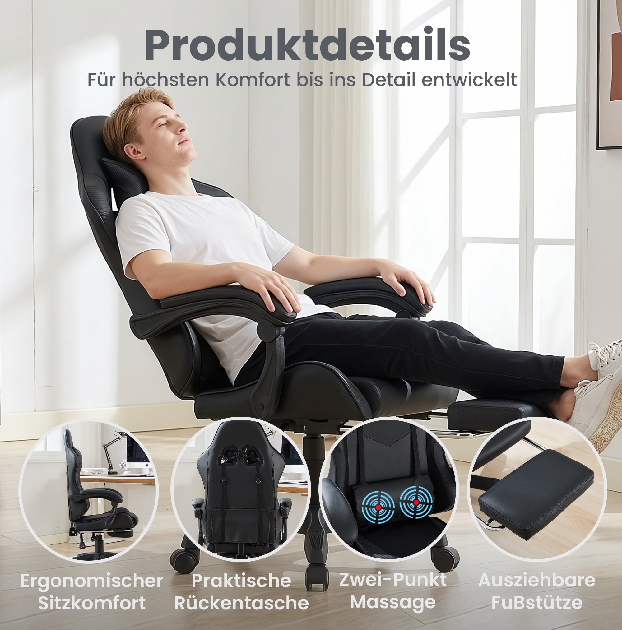 Gaming Chair Ergonomic Racing High-Back Swivel Adjustable Footrest Headrest Lumbar Support Leather Black