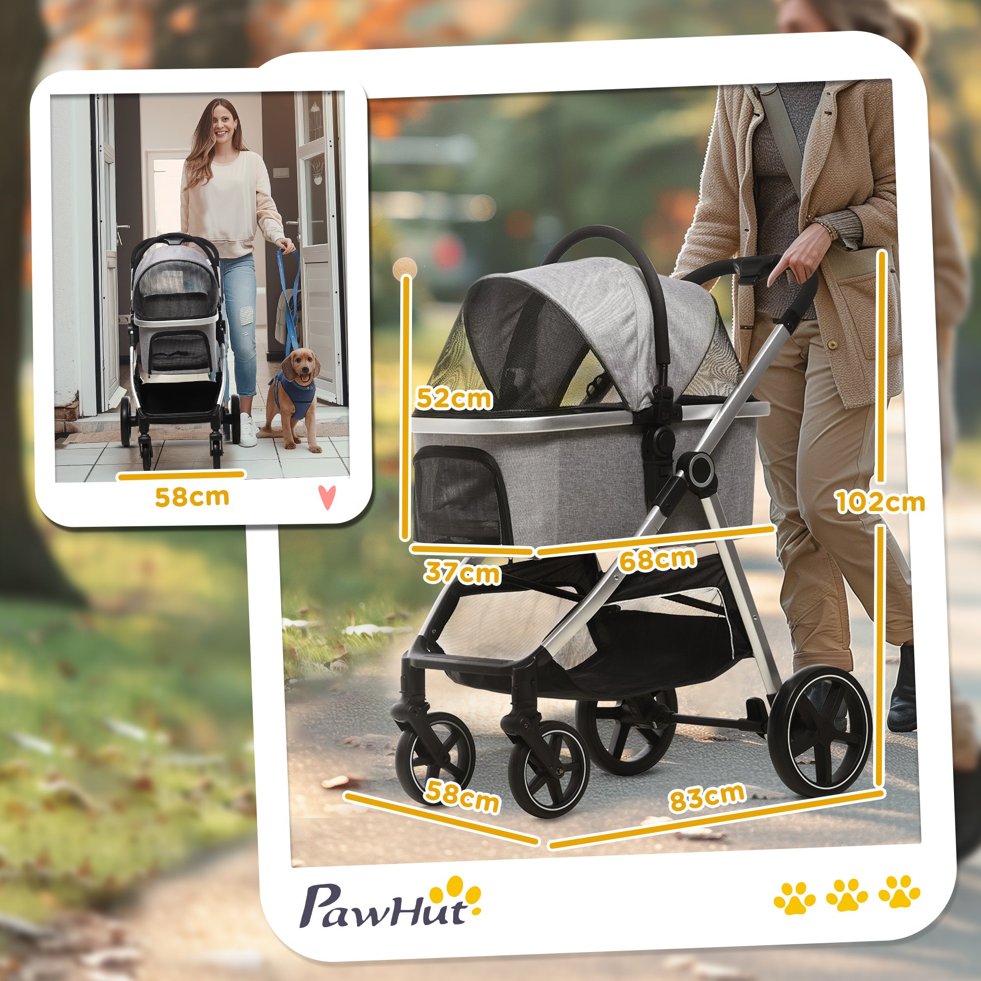 Dog Stroller 2-in-1 Foldable, Brakes, Mesh Window, Light Grey