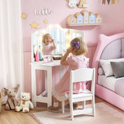 Kids Dressing Table and Stool Set with 2-Colour LED Lights Tri-Folding Mirror, White
