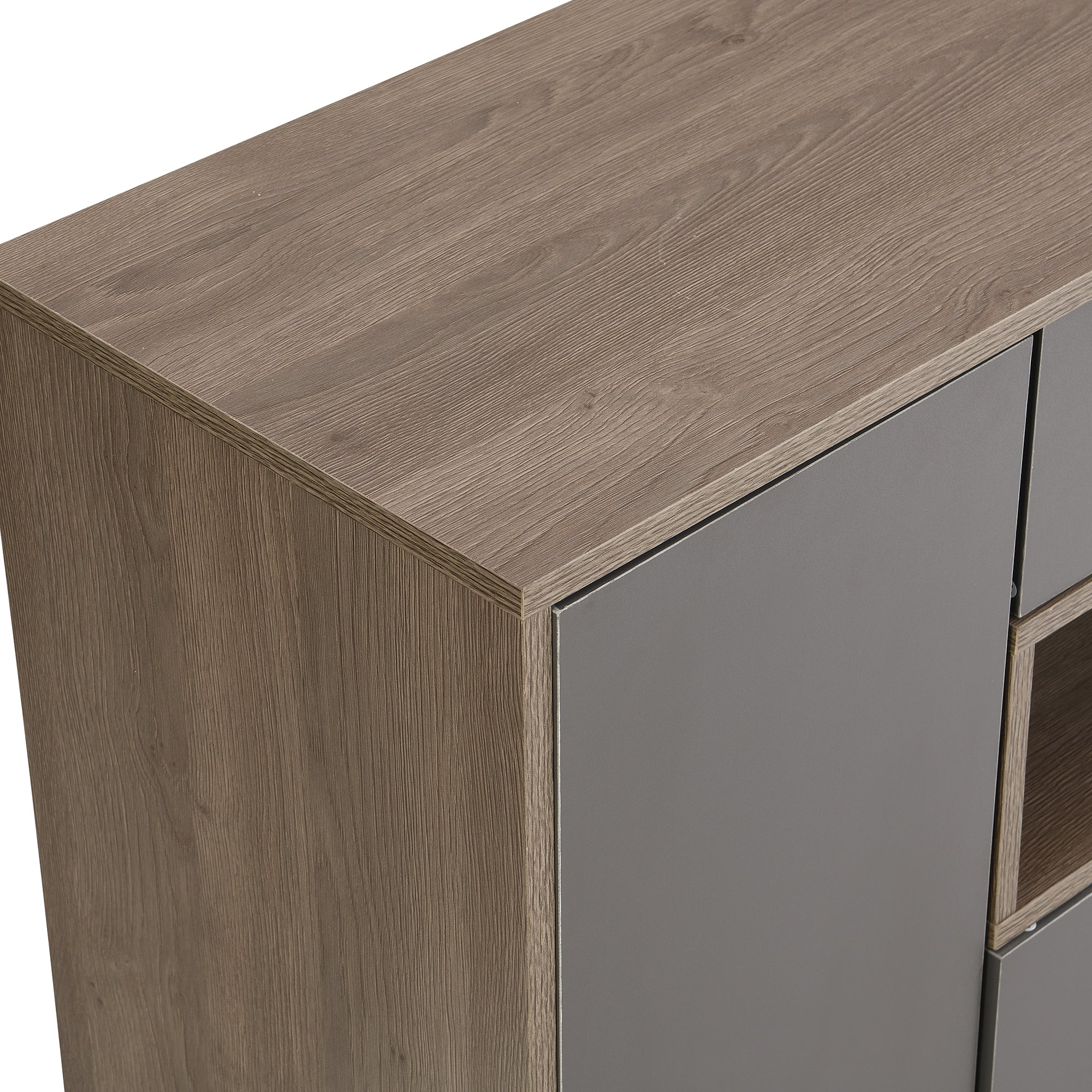 Shoe storage bench and cabinet with padded seat, adjustable shelves, gray