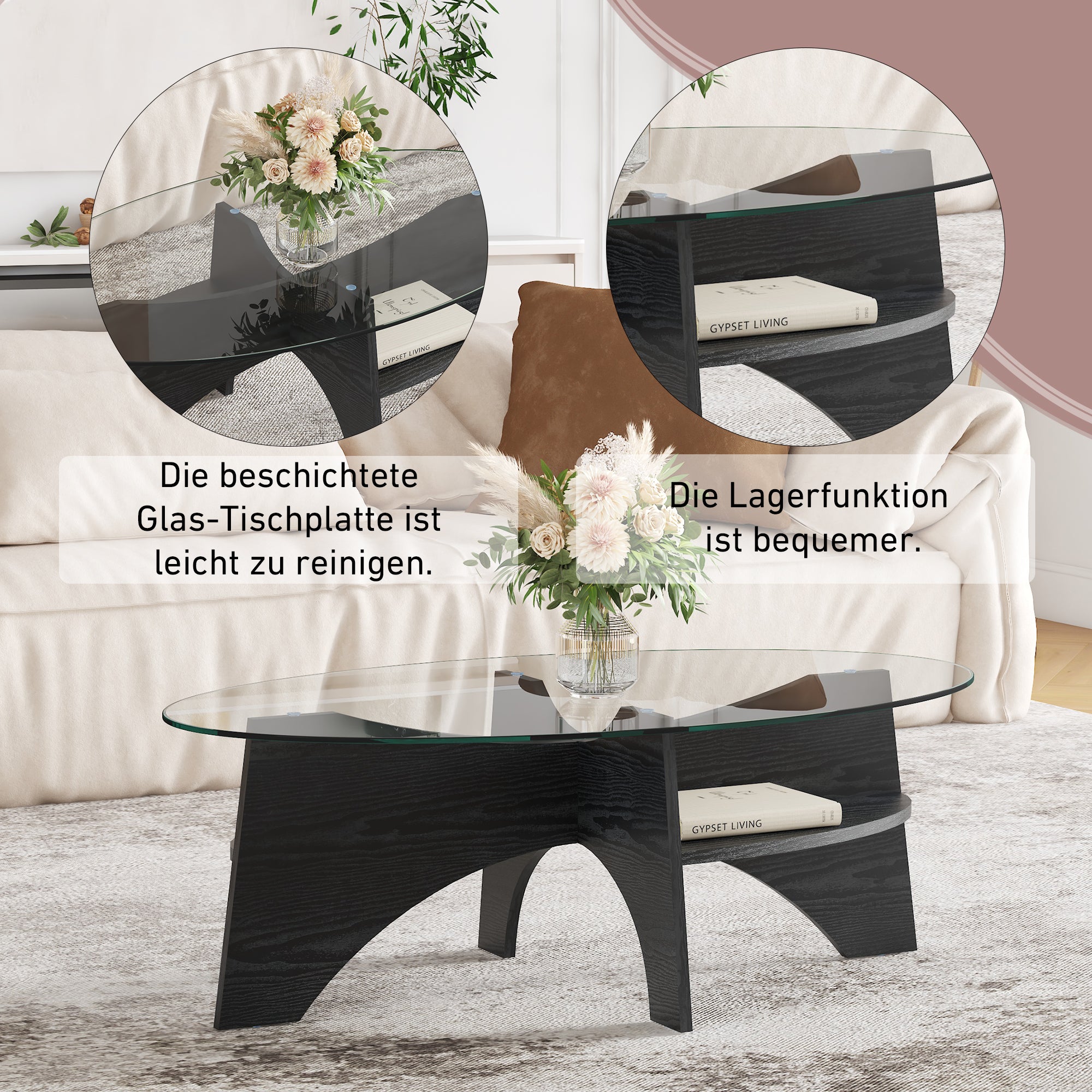 Modern Oval Side Table Multifunctional Safety Glass 105x60cm Black Wood Look