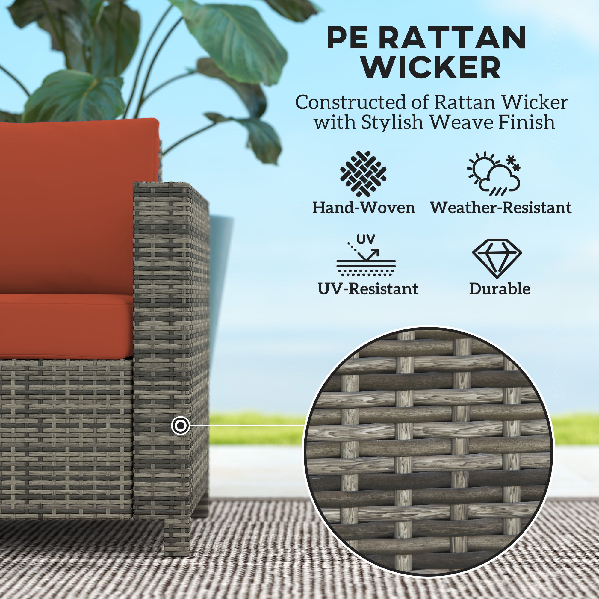 Rattan Sofa, 2 Seater Garden Loveseat with Cushions, Wicker, Grey