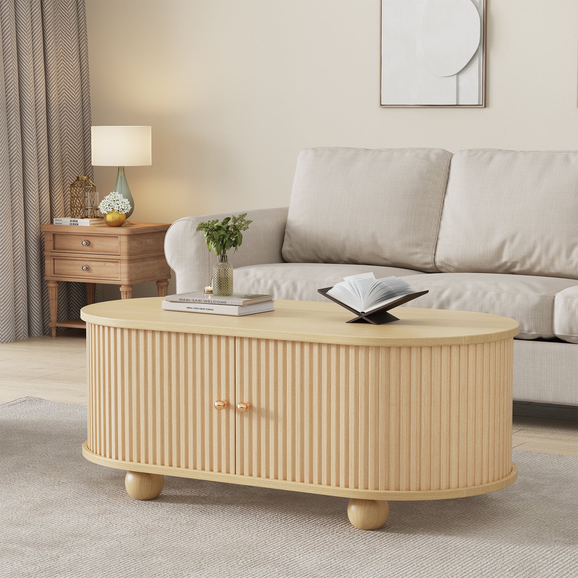 Oval Coffee Table with Storage and Sliding Doors, Multifunctional, Wood Colors
