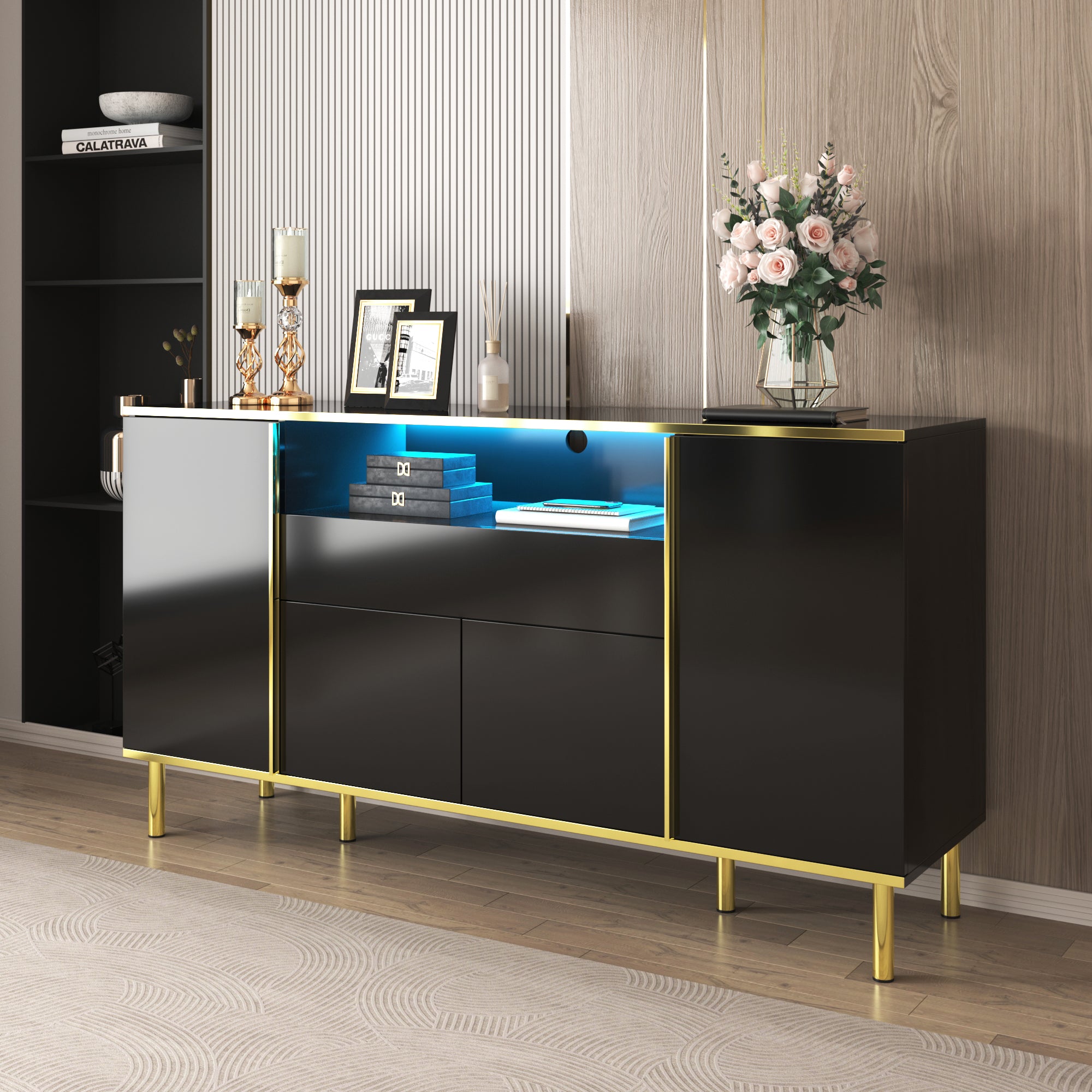 Sideboard, High-Gloss with 1 Drawer, Black