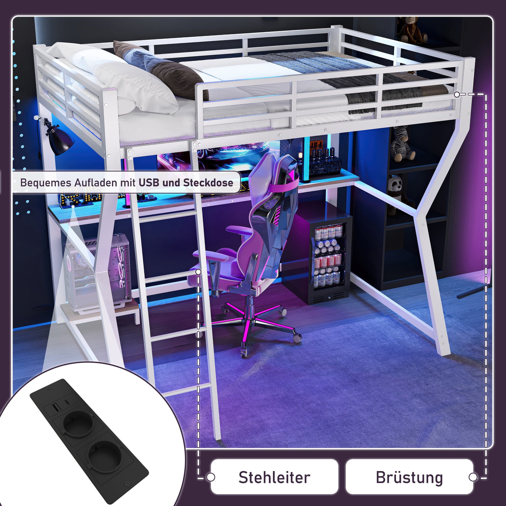 Loft Bed 90x200cm Desk LED USB Port Stairs - White