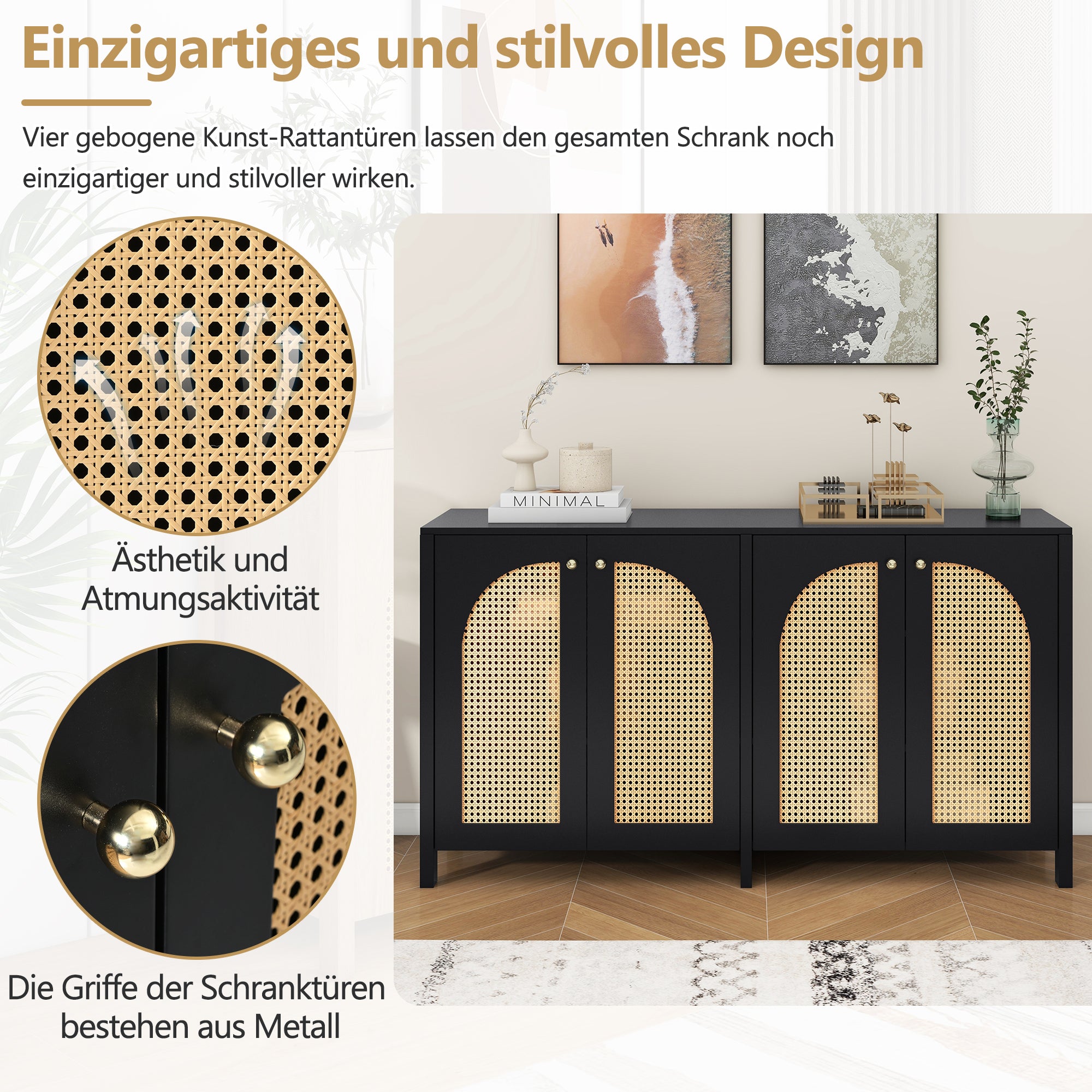 Sideboard, Minimalist with 4 Rattan Doors & Metal Handles, Black