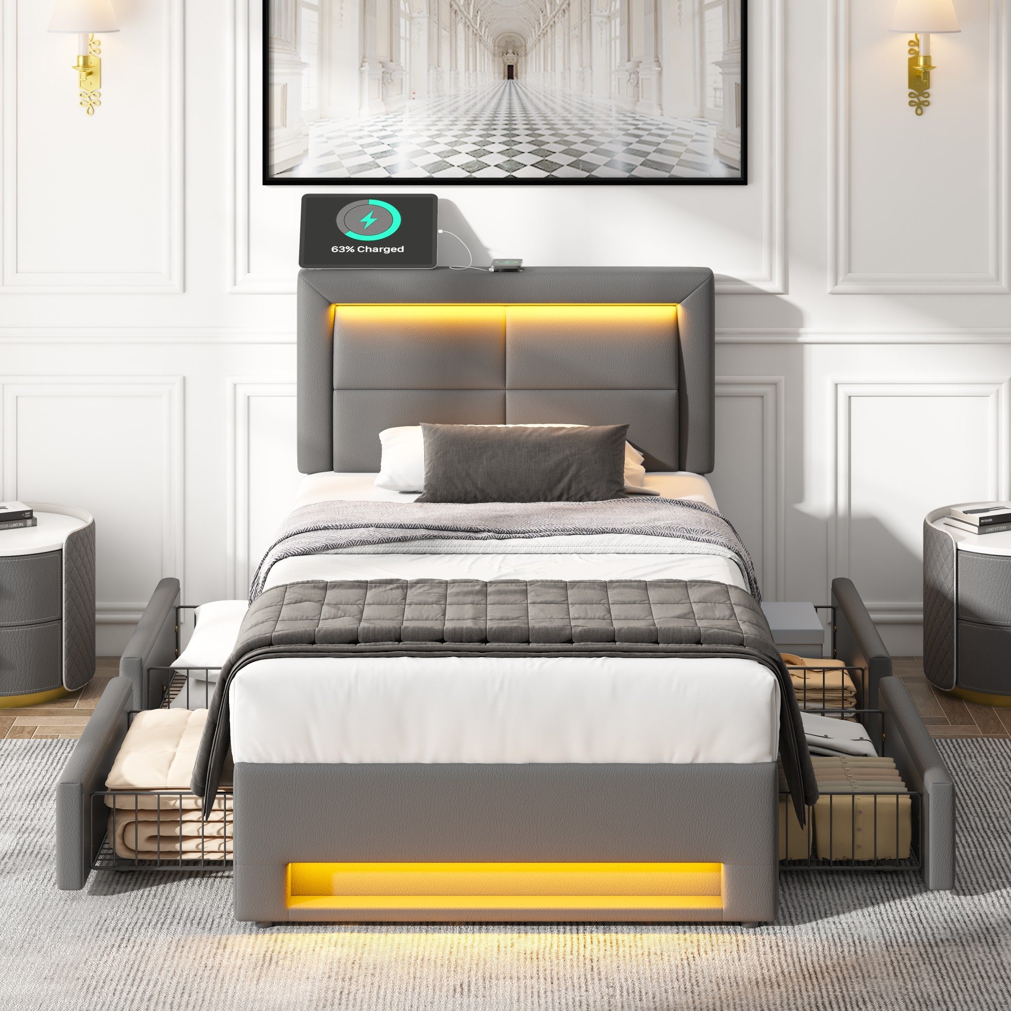 Upholstered Bed 90x200cm USB/Wireless Charging LED Lights 4 Drawers PU Lychee Pattern Grey