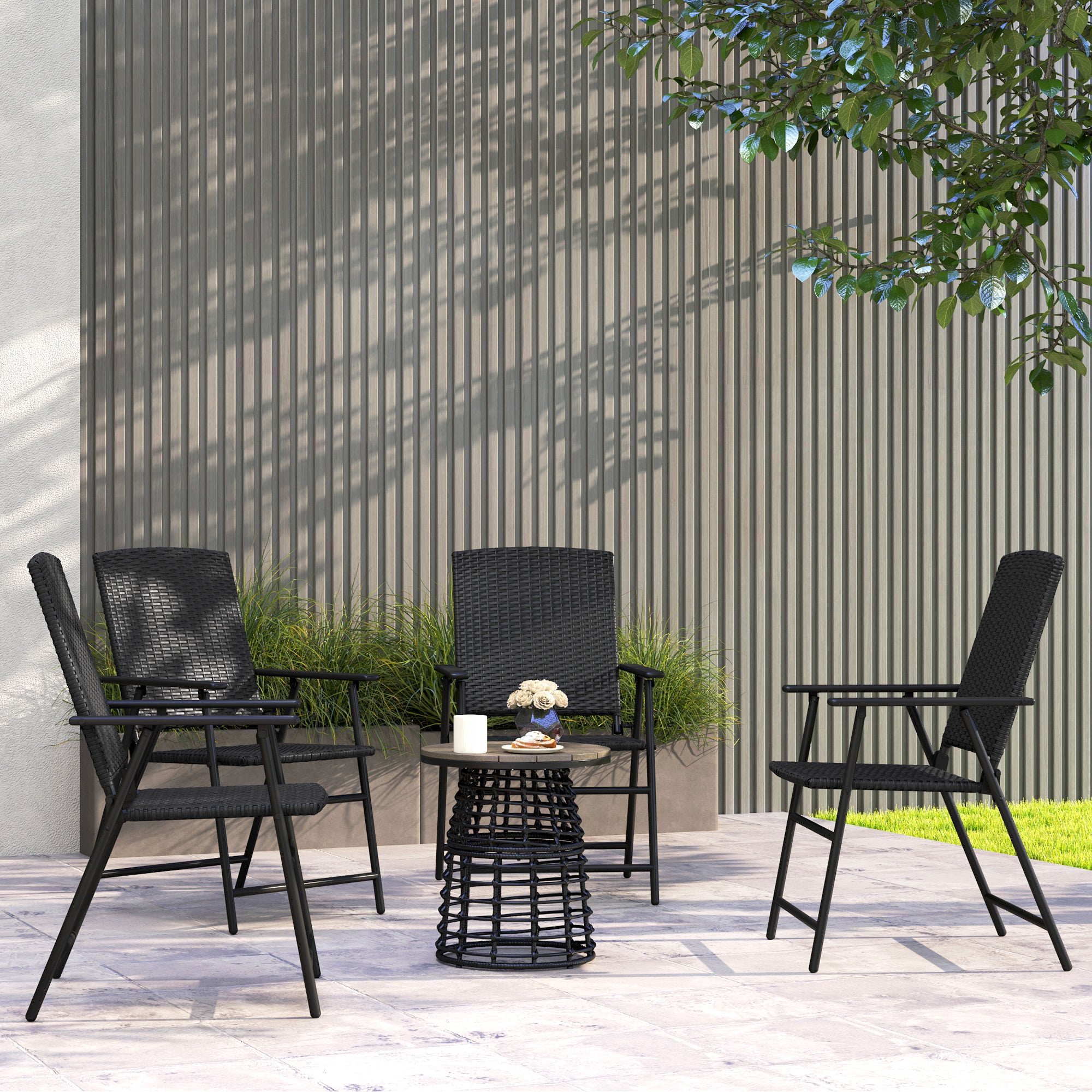 Set of Four Folding Rattan Chairs, High Back, Black