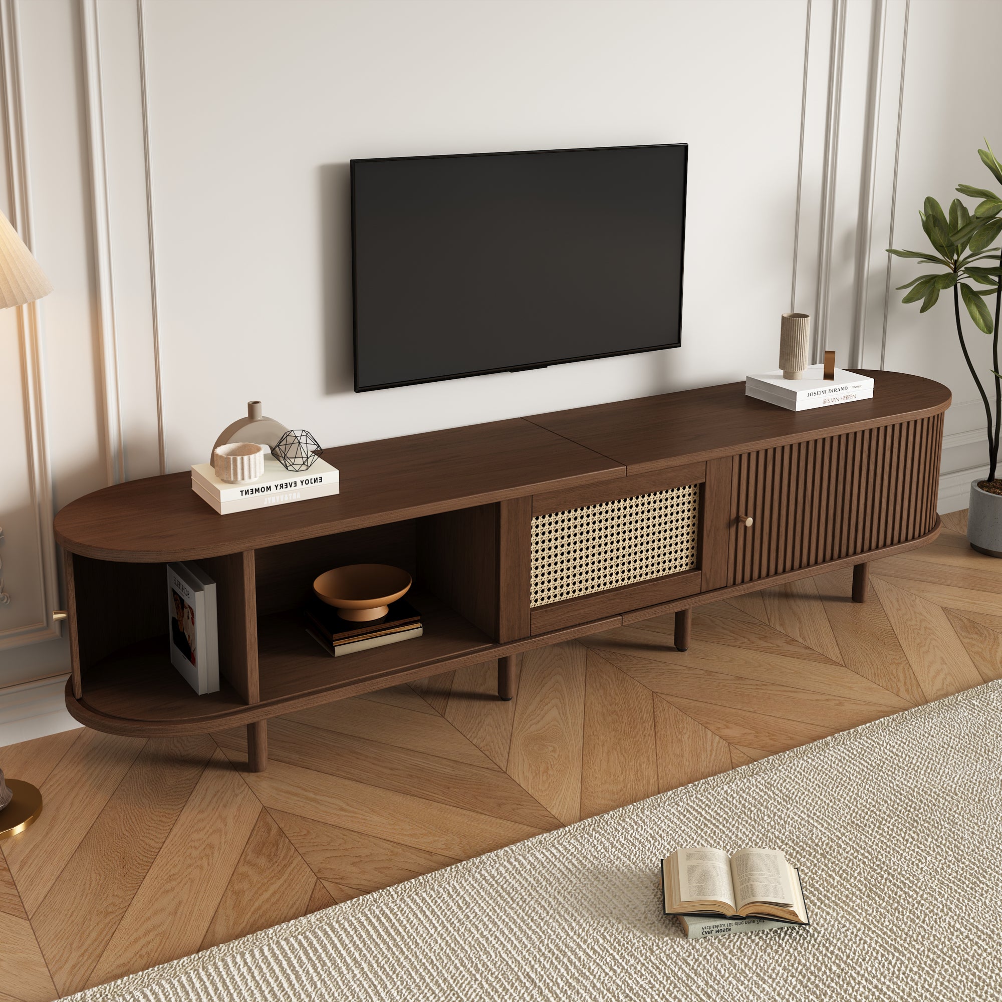 Oval TV Stand 180cm Rattan Design Adjustable Feet Dark Walnut MDF