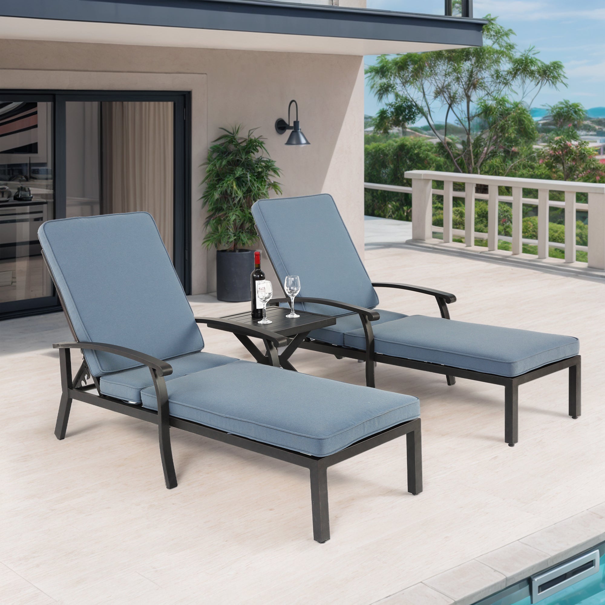 Lounge Patio Chair, Adjustable Reclining Rustproof Aluminum Poolside Chaise, Blue