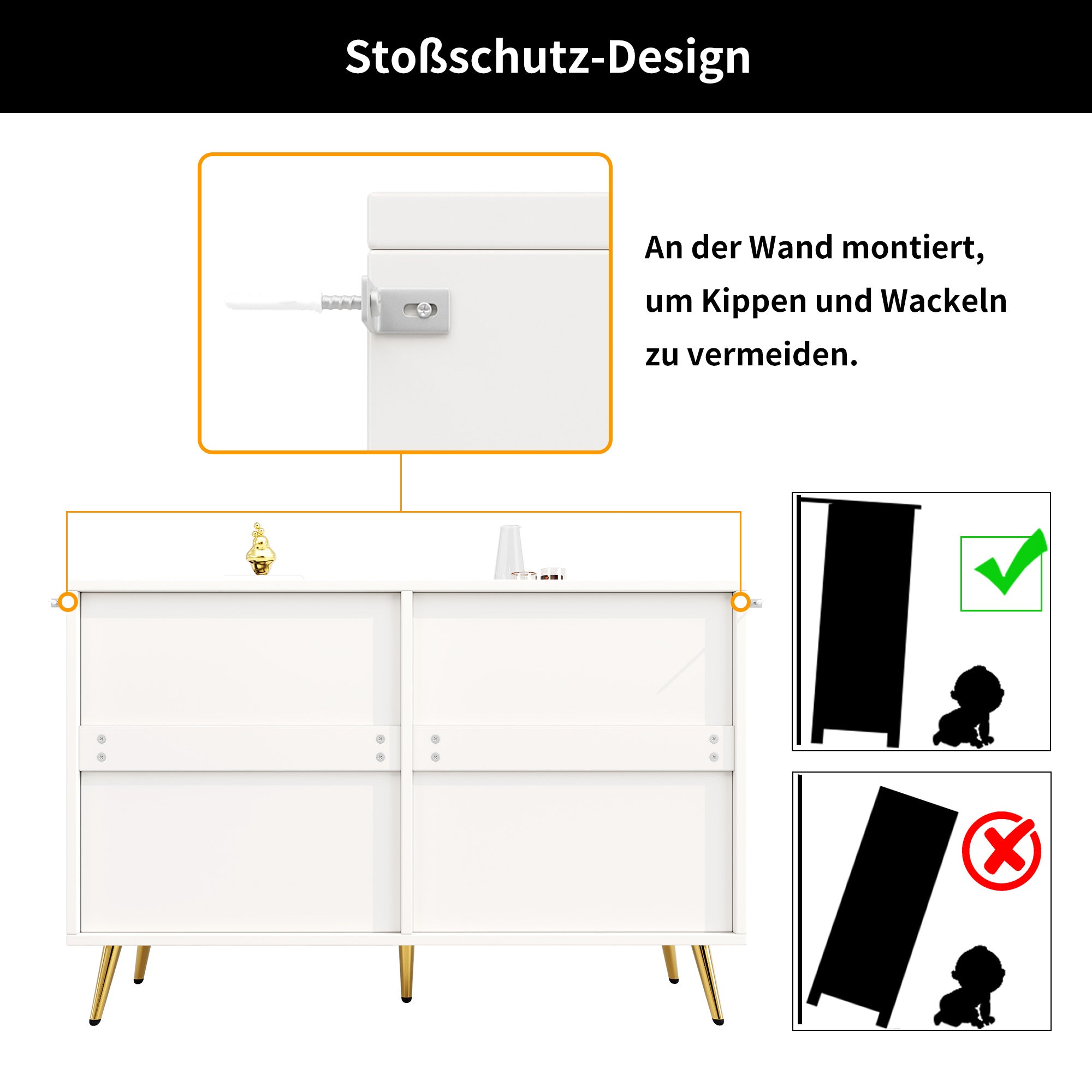 Chest of Drawers, 6-Drawer Cabinet with Golden Legs, White