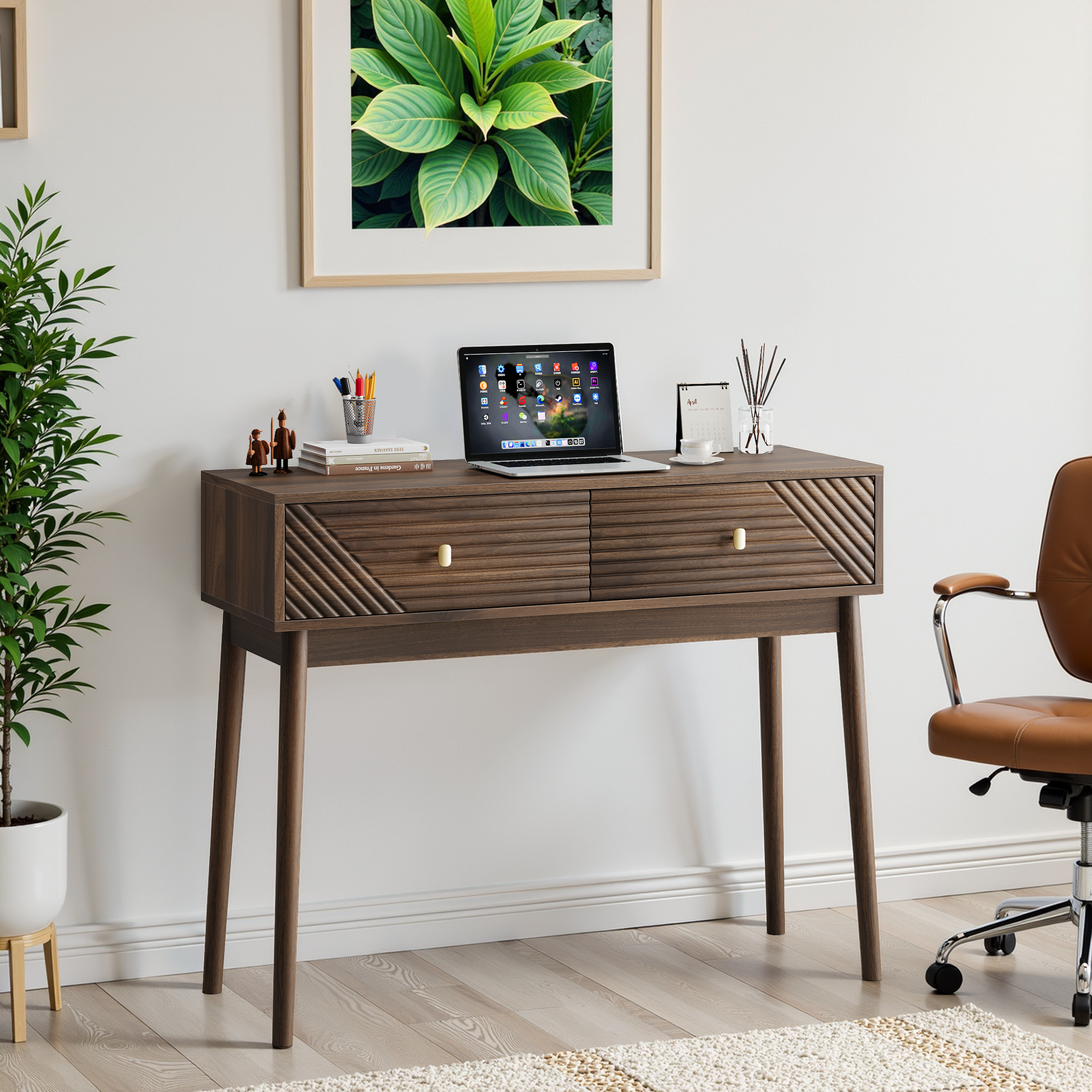 Desk, Console Table with Drawers and Open Shelves, Walnut