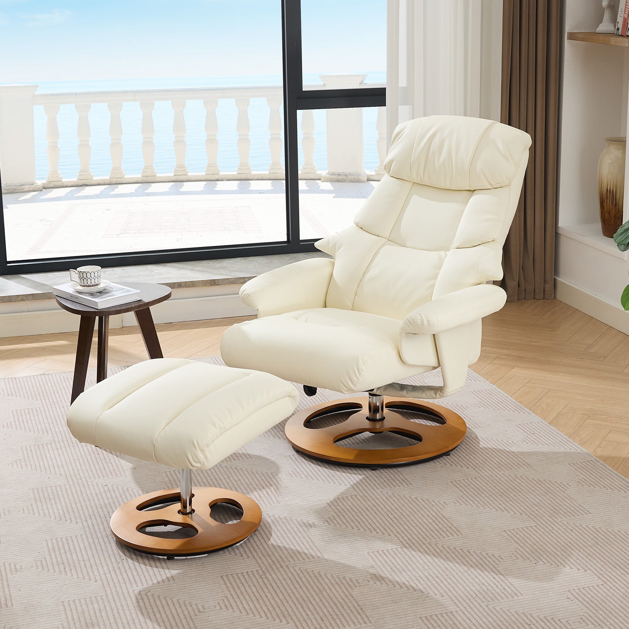 Recliner Chair with Massage, Heat, Reclining, Stool, 360° Rotatable, PU Fabric White