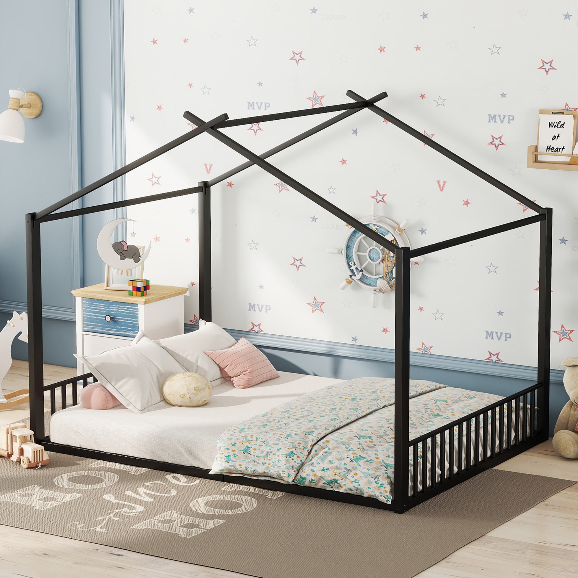 Children's Bed, 140x200cm House Rail Iron Frame, Black