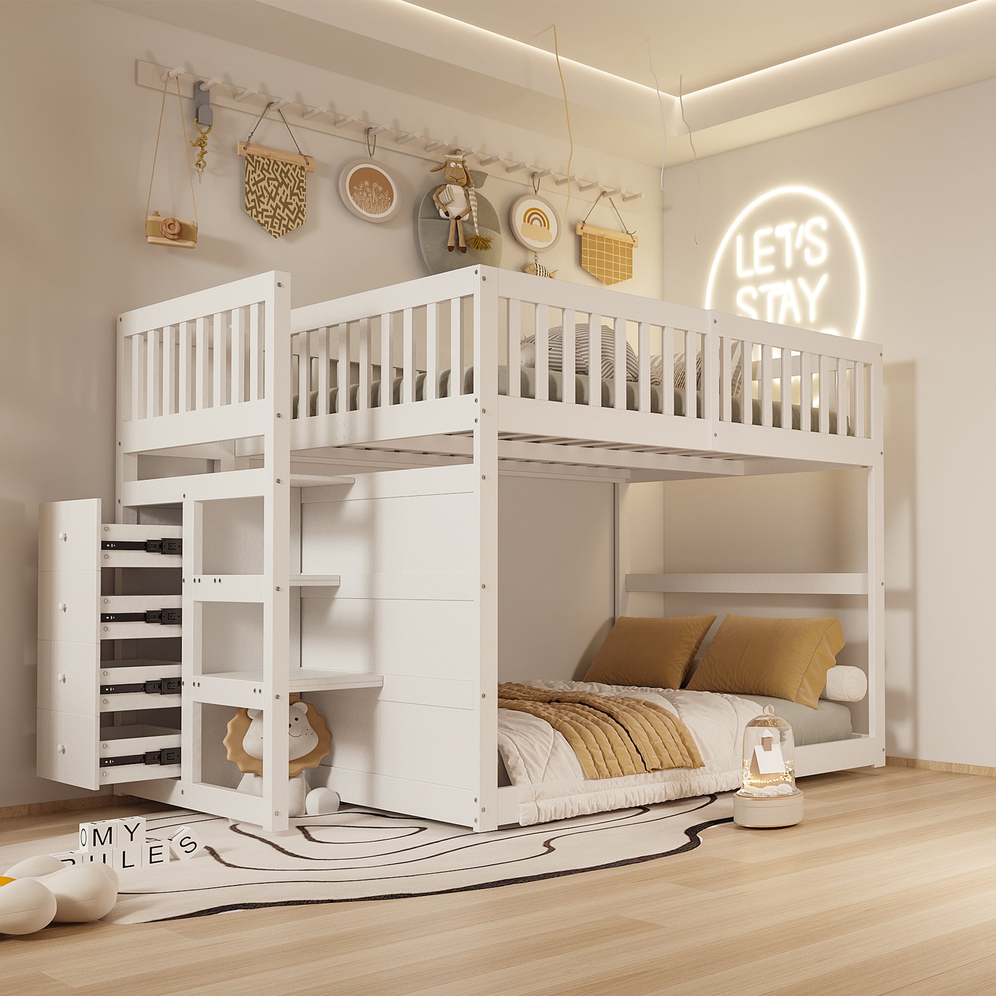 Low Bunk Bed, 140x200cm Safety with Storage & High Fence, Wooden White