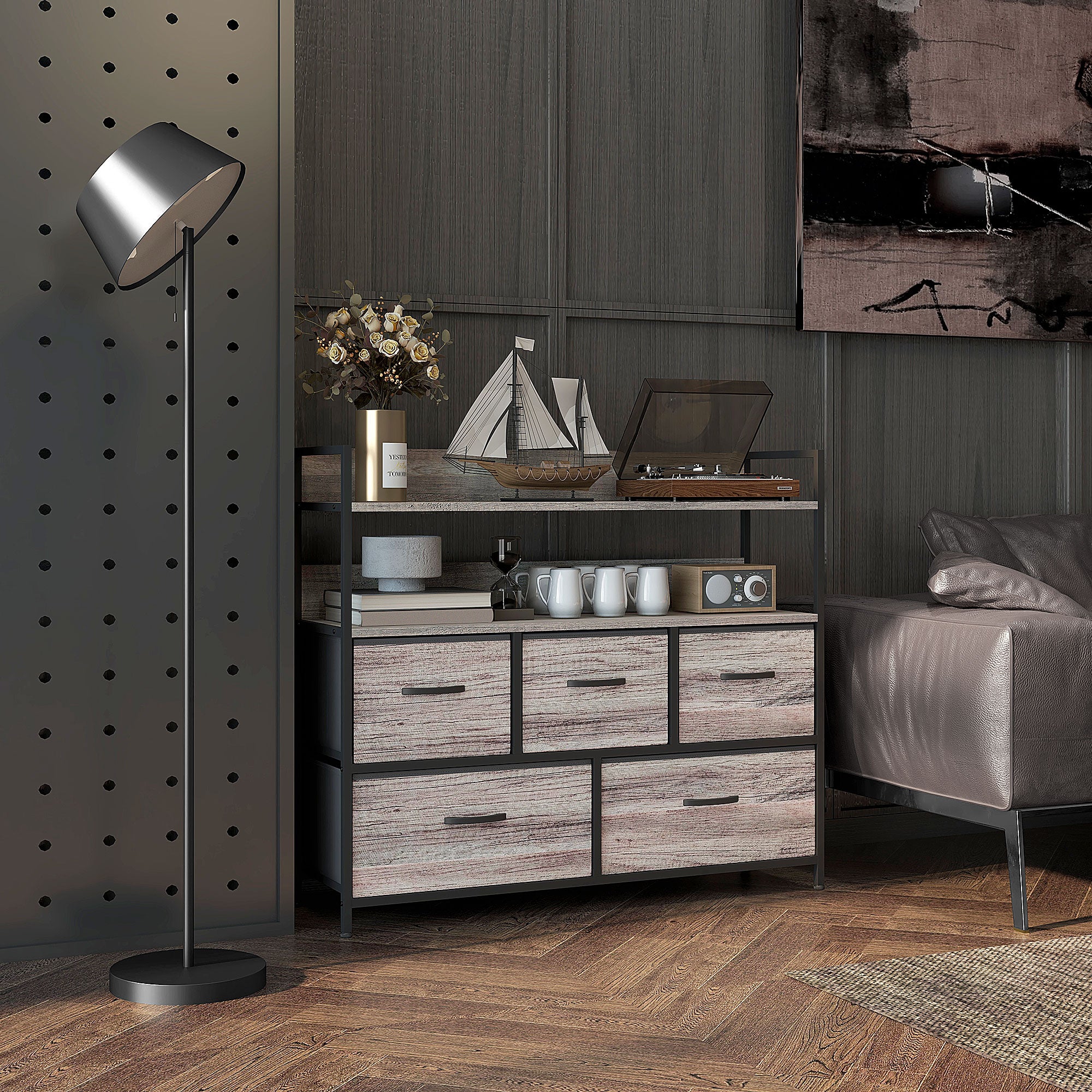 Rustic Chest, Five Fabric Drawers, Grey Wood Effect