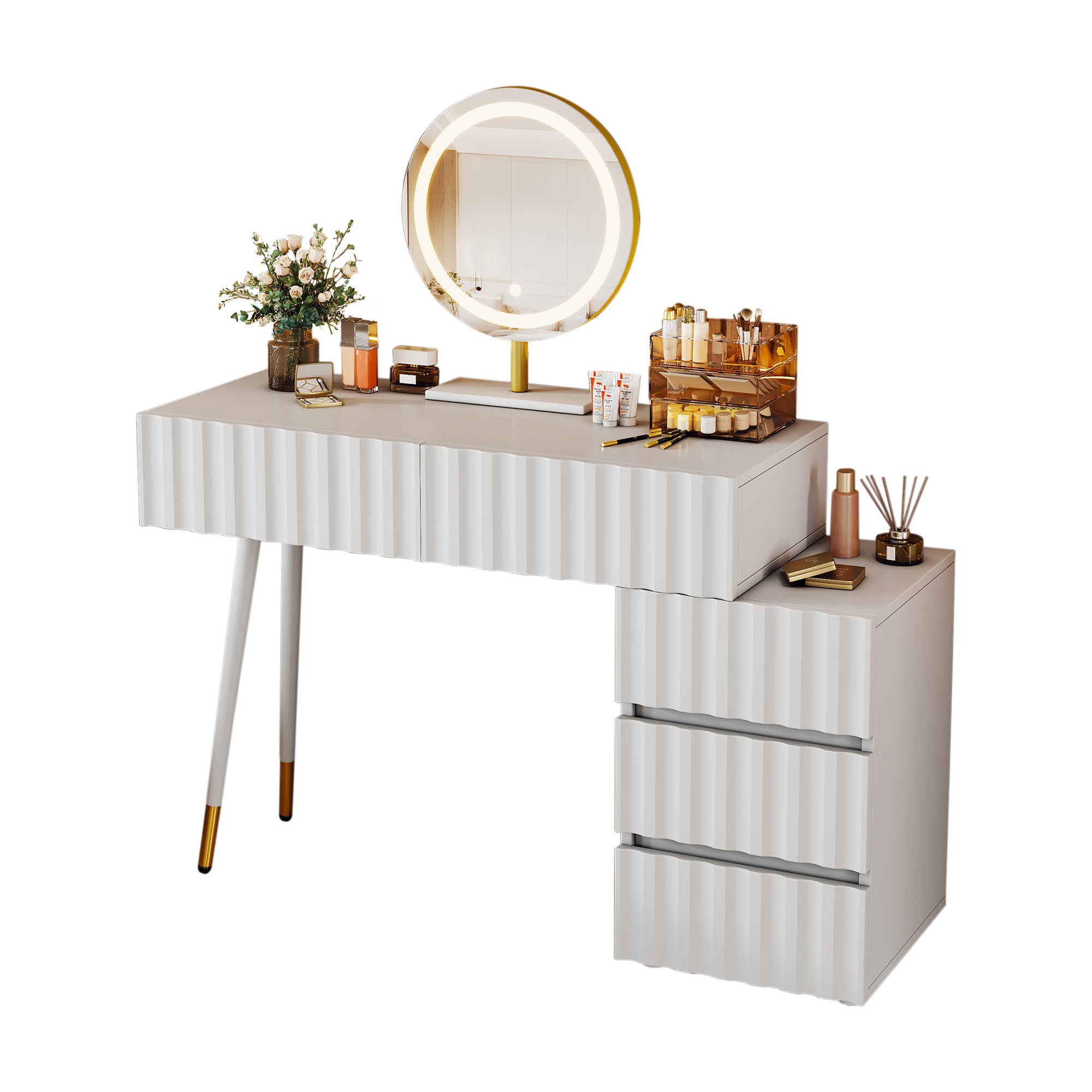 Dressing table with LED mirror and lighting, 5 spacious drawers, white