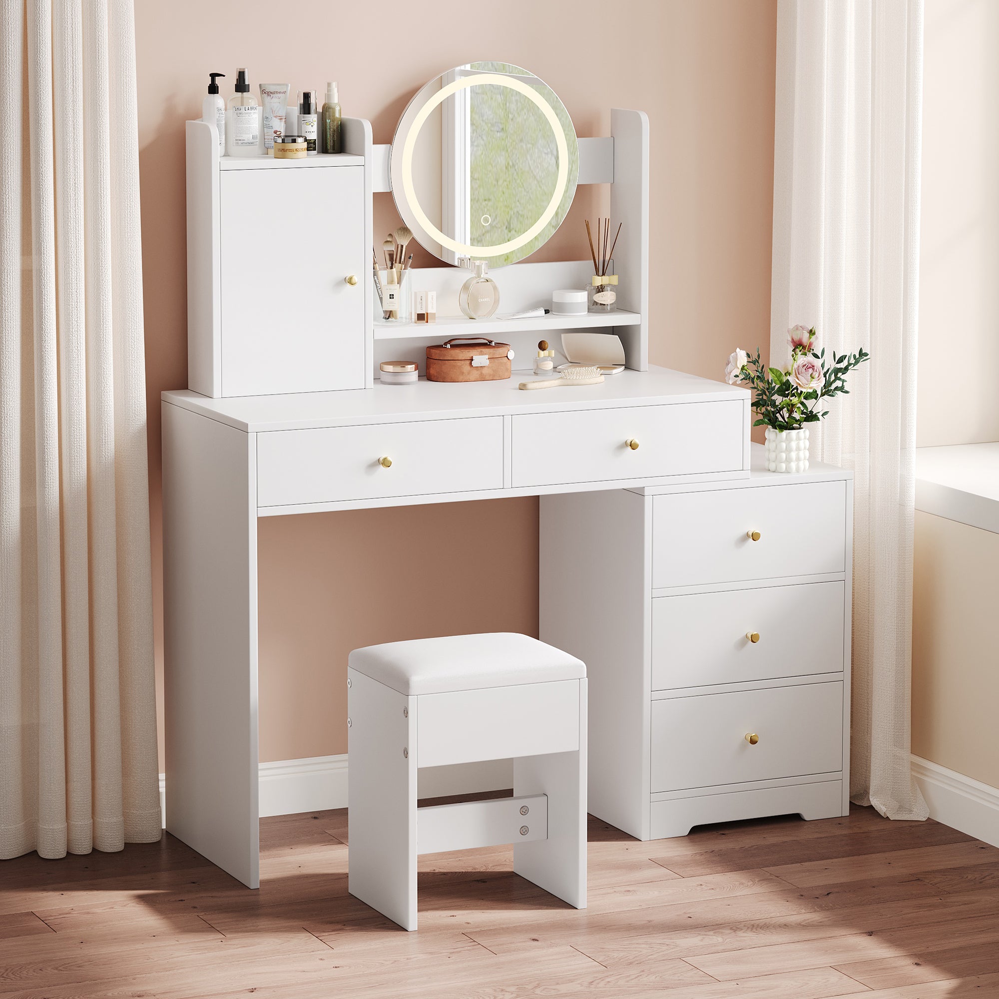 Dressing Table with Dimmable LED Lighting, Integrated Outlets, Mirror, Stool, 5 Drawers, Door Compartment, White