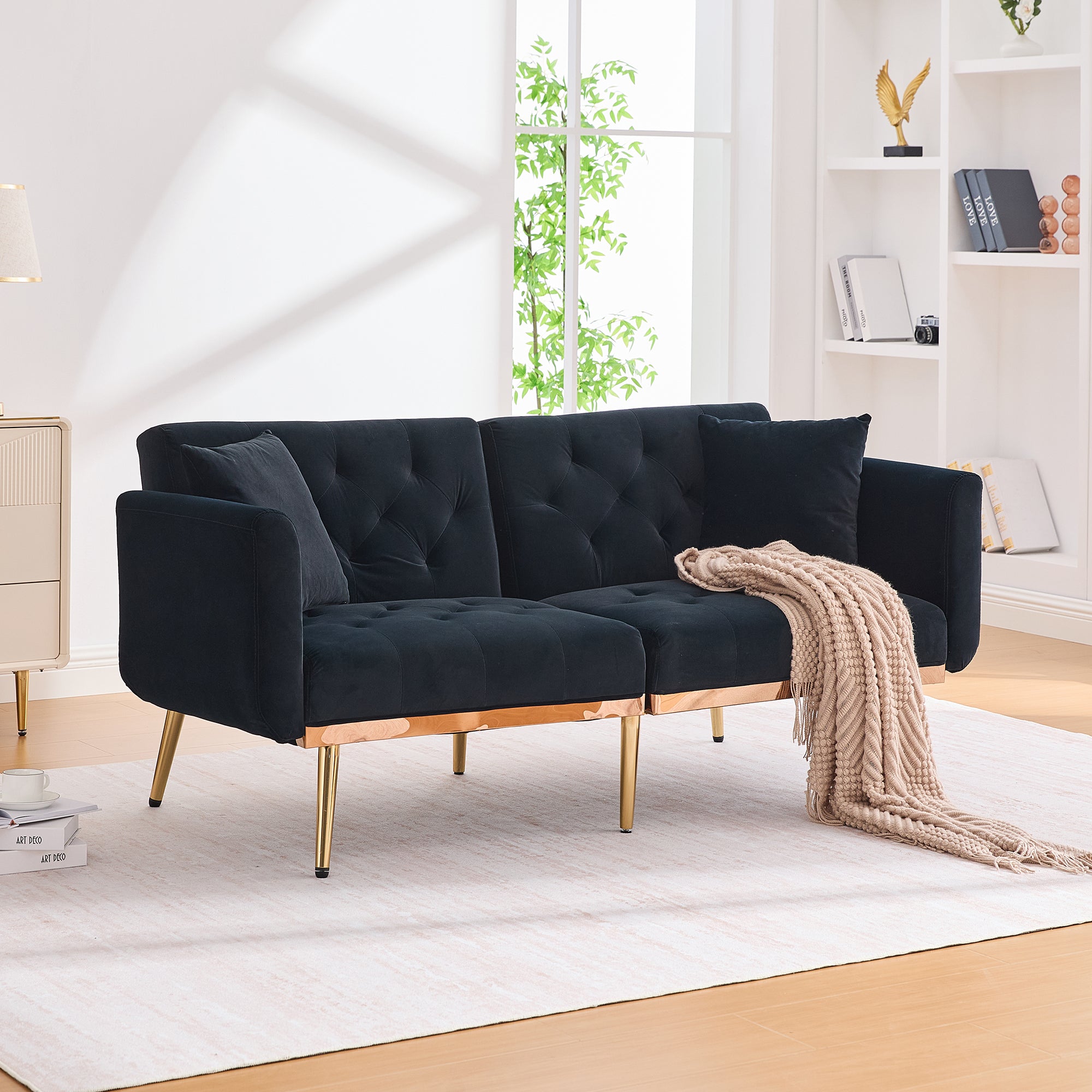 Loveseat, 2-Seater Sofa Bed with Adjustable Backrest, Black Velvet