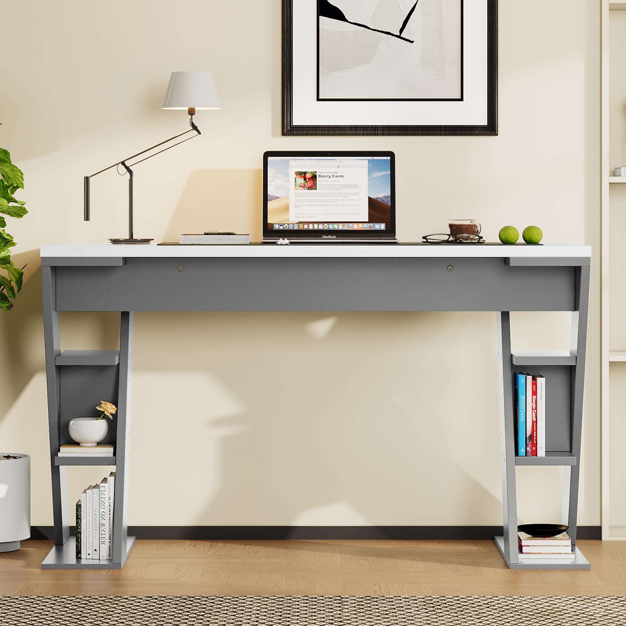 Simple Desk with X-Shaped Bracket and Storage Shelf, Grey and White