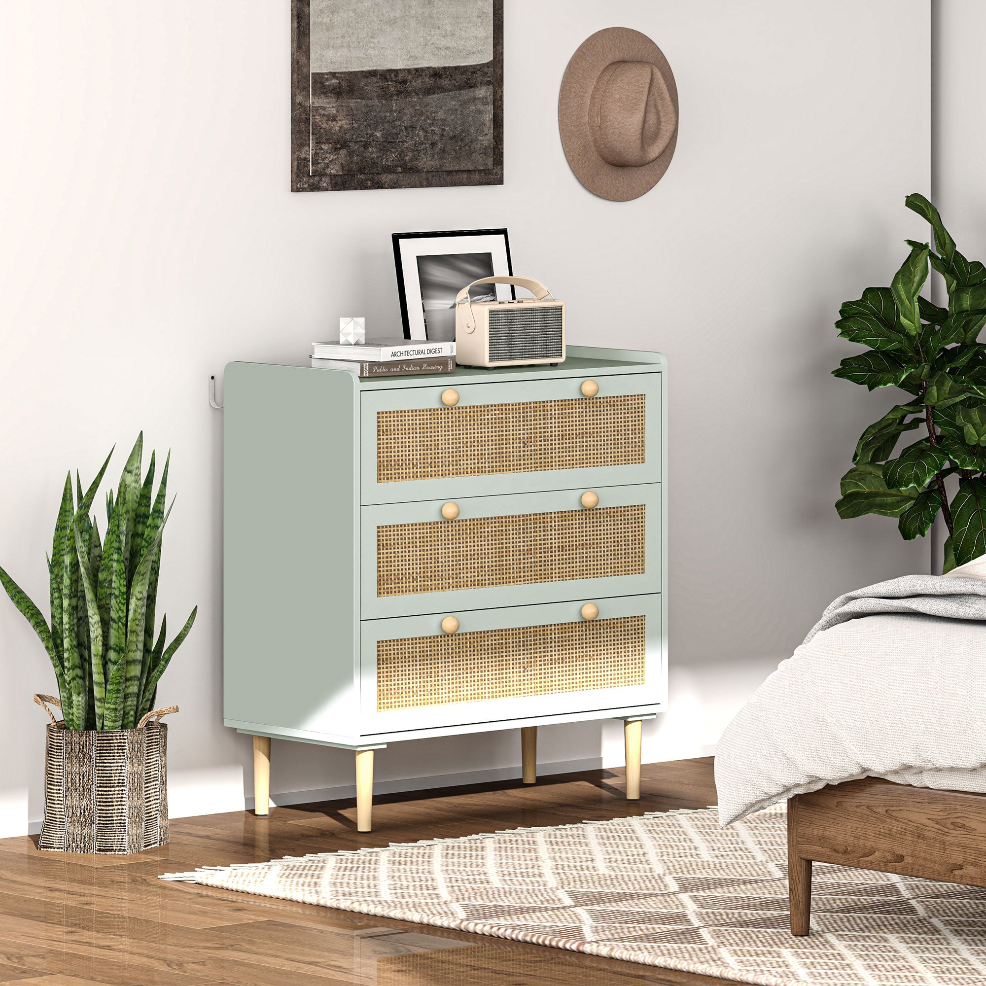Chest of Drawers/Sideboard, 3 Drawers Boho Rattan Look, Light Blue