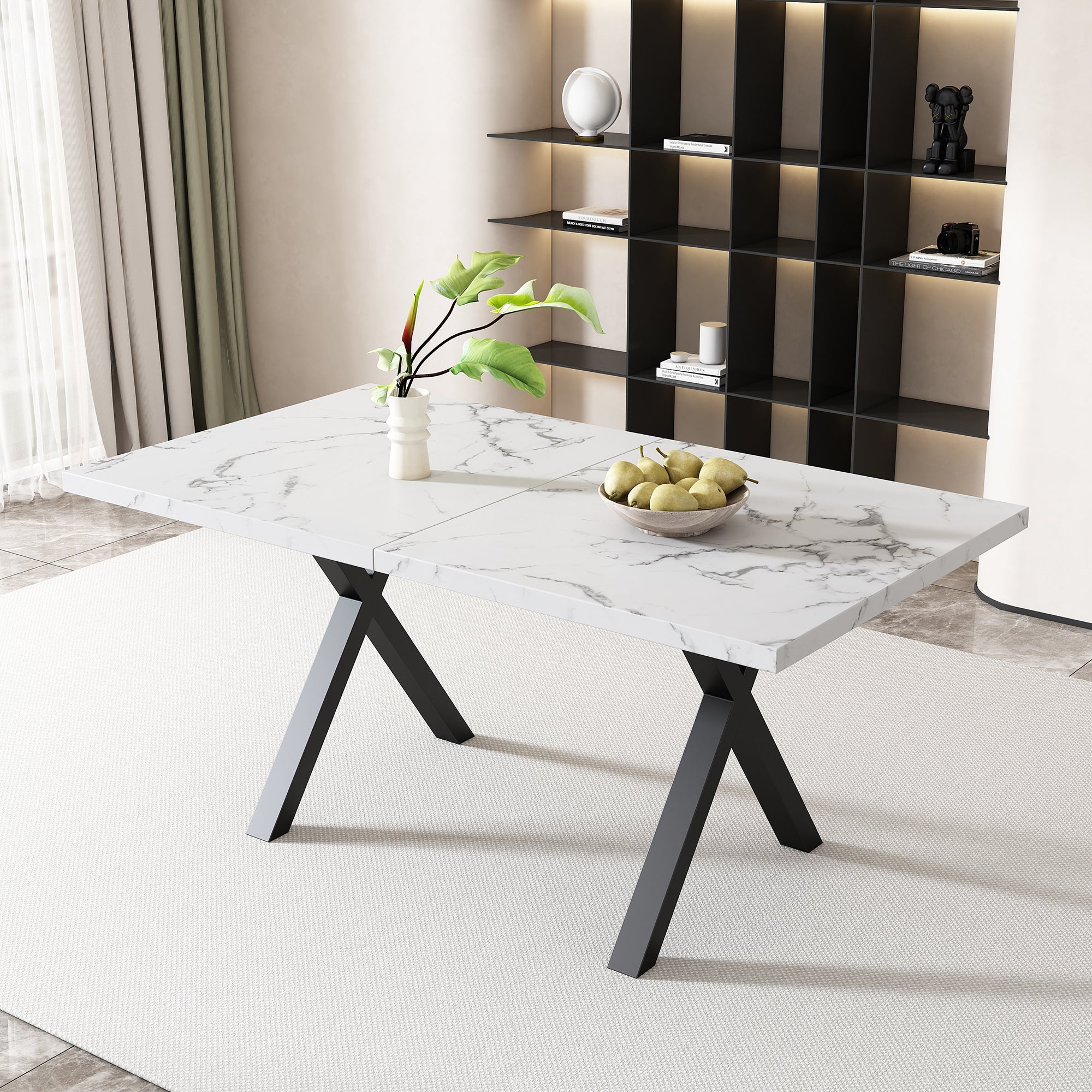Dining Table Rectangular Crossed Legs Wrought Iron Marble Effect 140x80cm - Black and White