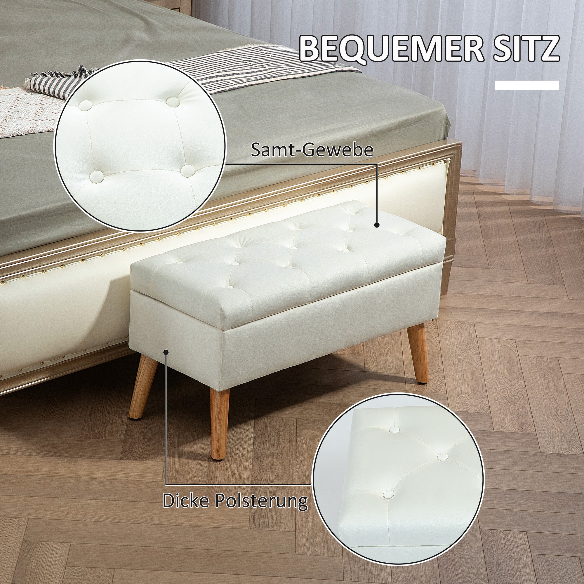 Bench with Storage, Upholstered Lid, Rubberwood White