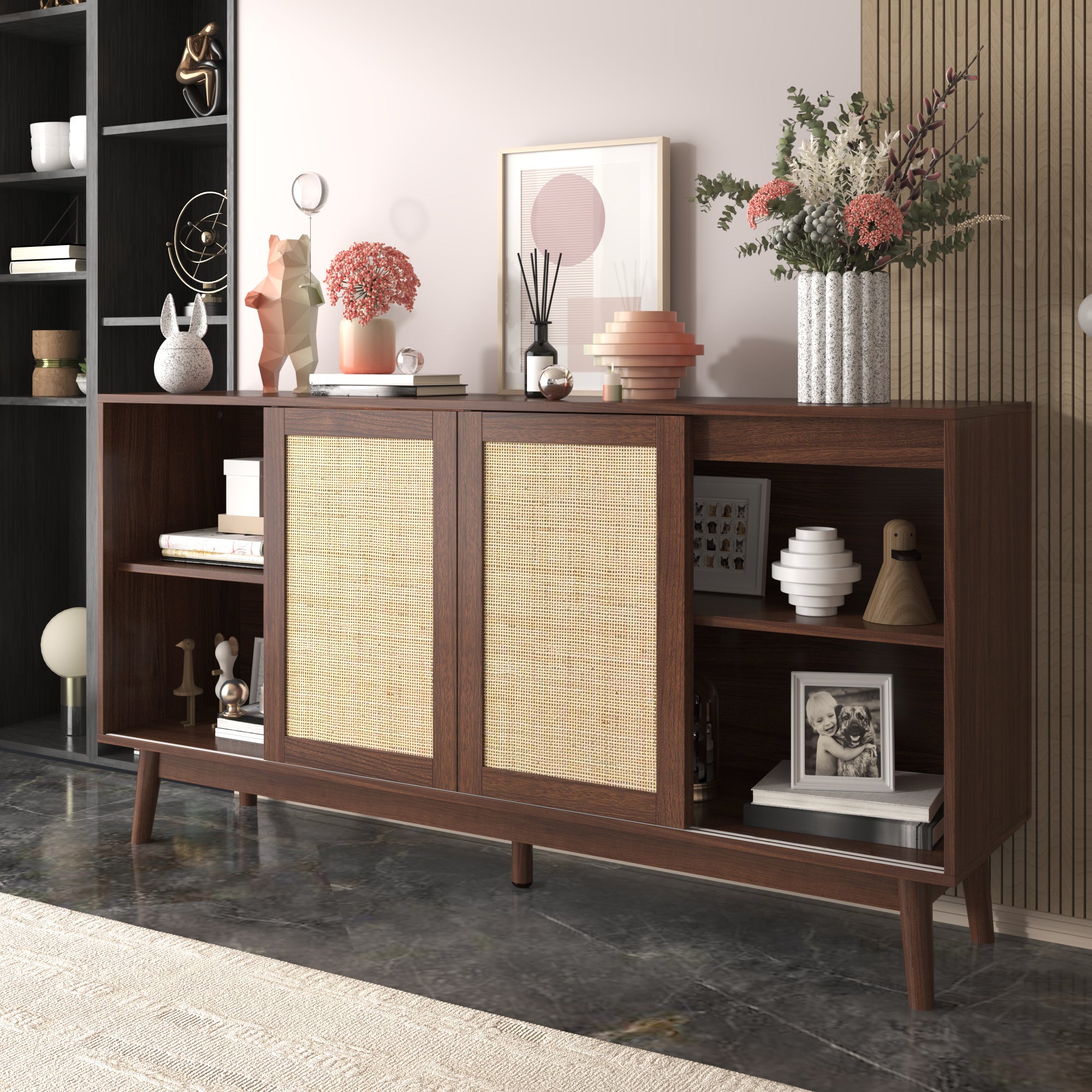 Sideboard, 3 Sliding Rattan Doors, 2 Drawers, Dark Wood