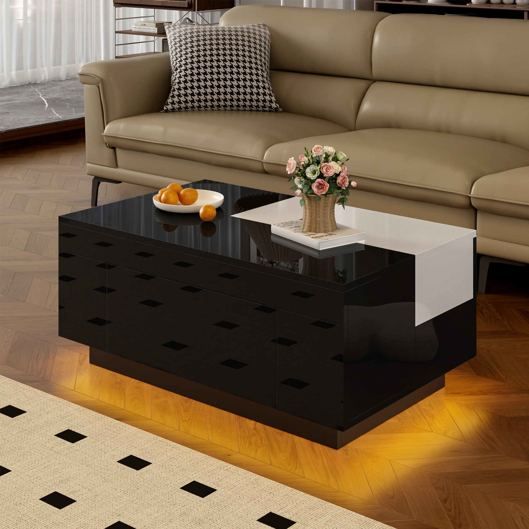 High-gloss Coffee Table with LED Lighting, Extendable, Storage, Black and White