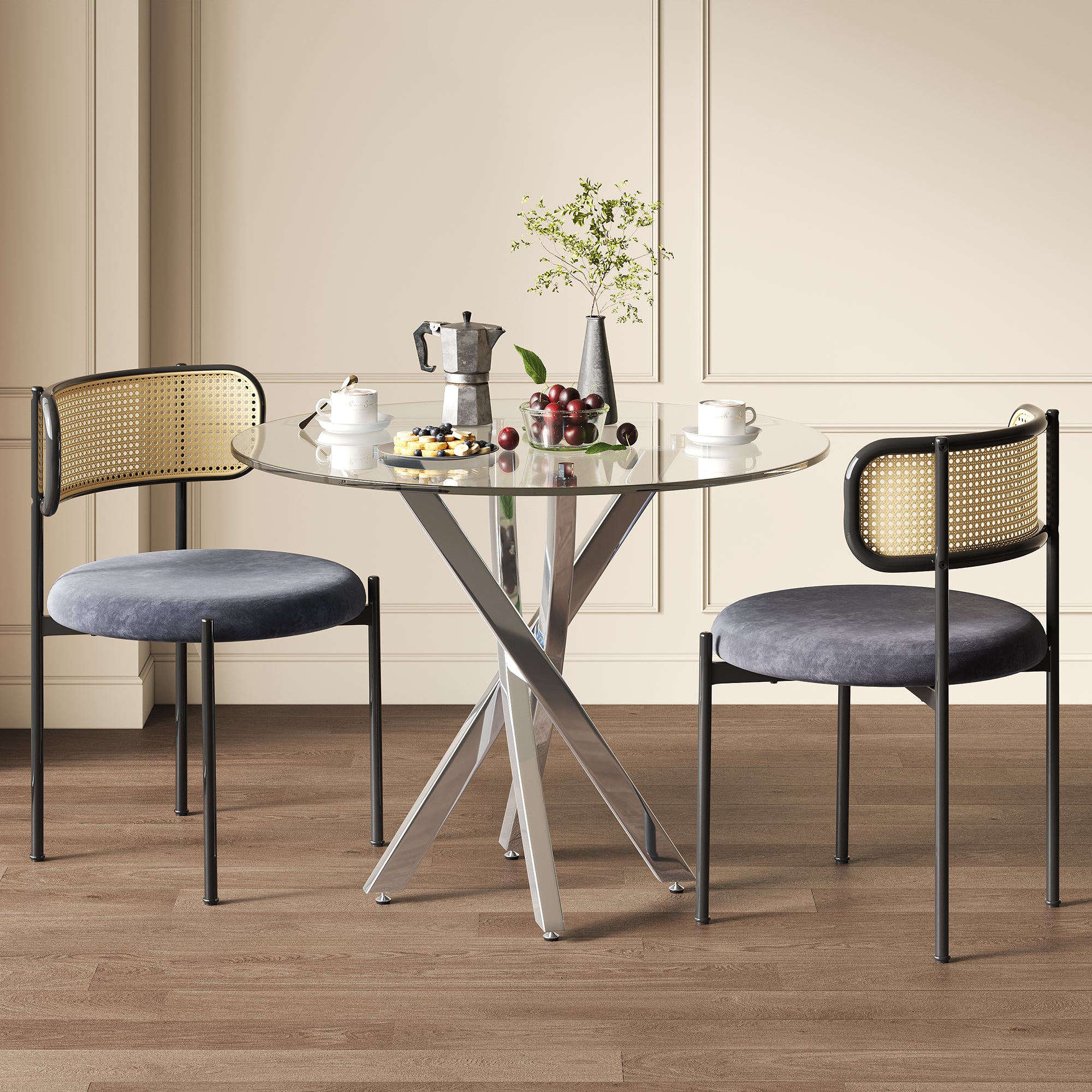 Dining Table Set, 80x80cm Tempered Glass Top, Modern 3-Piece, Grey Chairs/Silver Legs